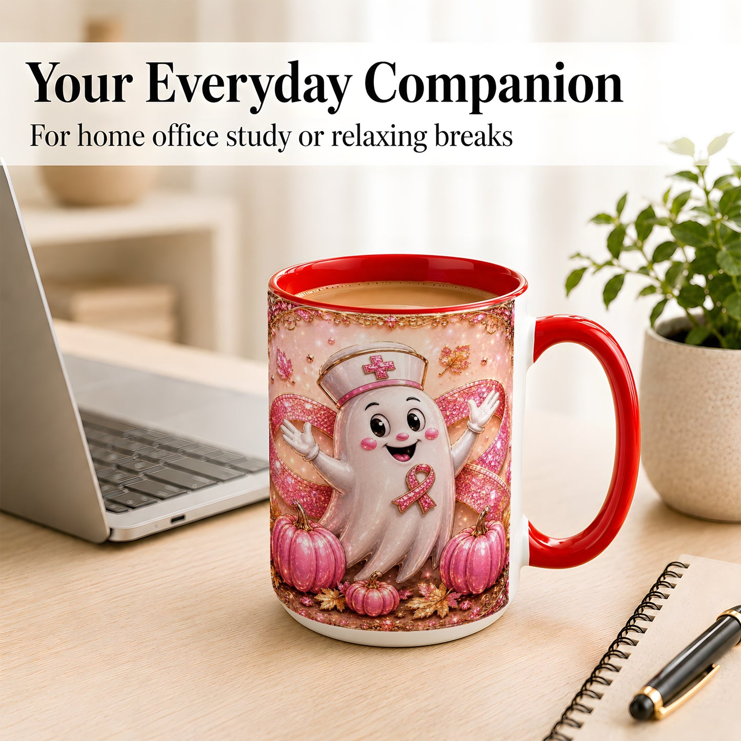 #pl[15oz|Red] Pink Ribbon Nurse Ghost Coffee Mug, Halloween Mug, Ceramic Cup