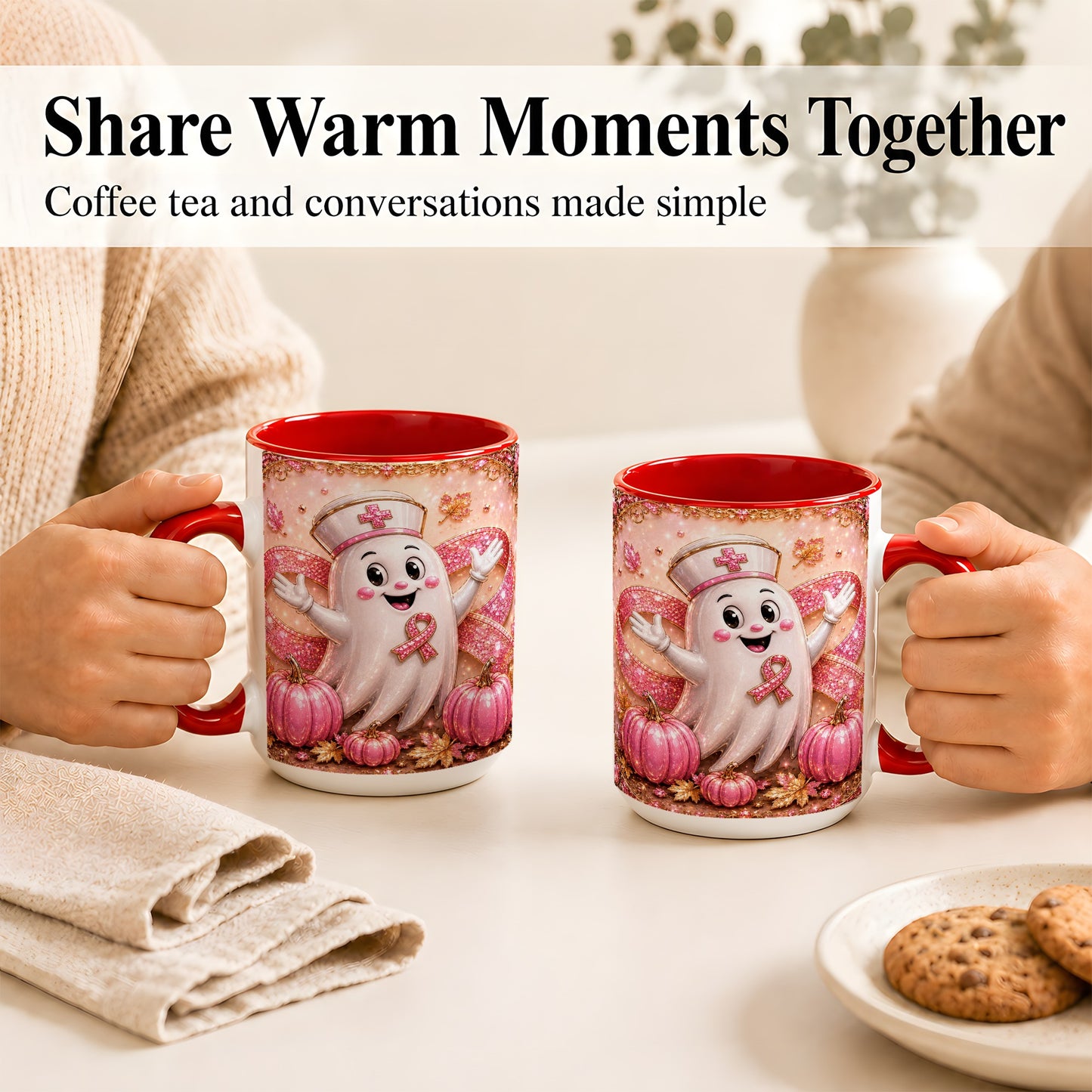 #pl[15oz|Red] Pink Ribbon Nurse Ghost Coffee Mug, Halloween Mug, Ceramic Cup