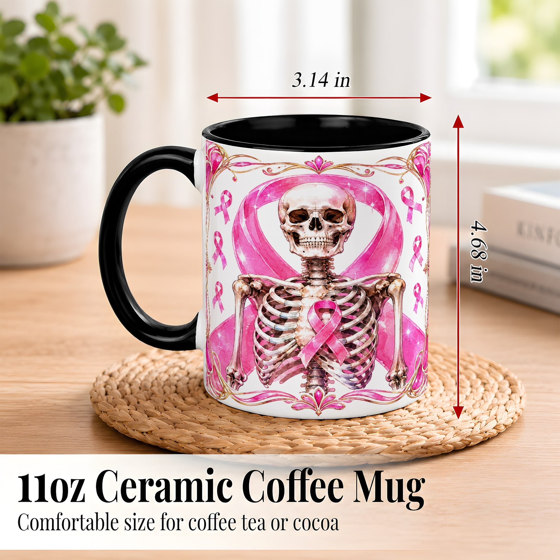 #pl[11oz|Black] Pink Ribbon Skeleton Coffee Mug, Awareness Mug, Ceramic Cup