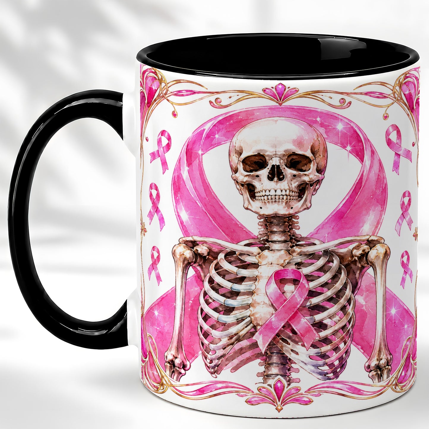 #pl[11oz|Black] Pink Ribbon Skeleton Coffee Mug, Awareness Mug, Ceramic Cup
