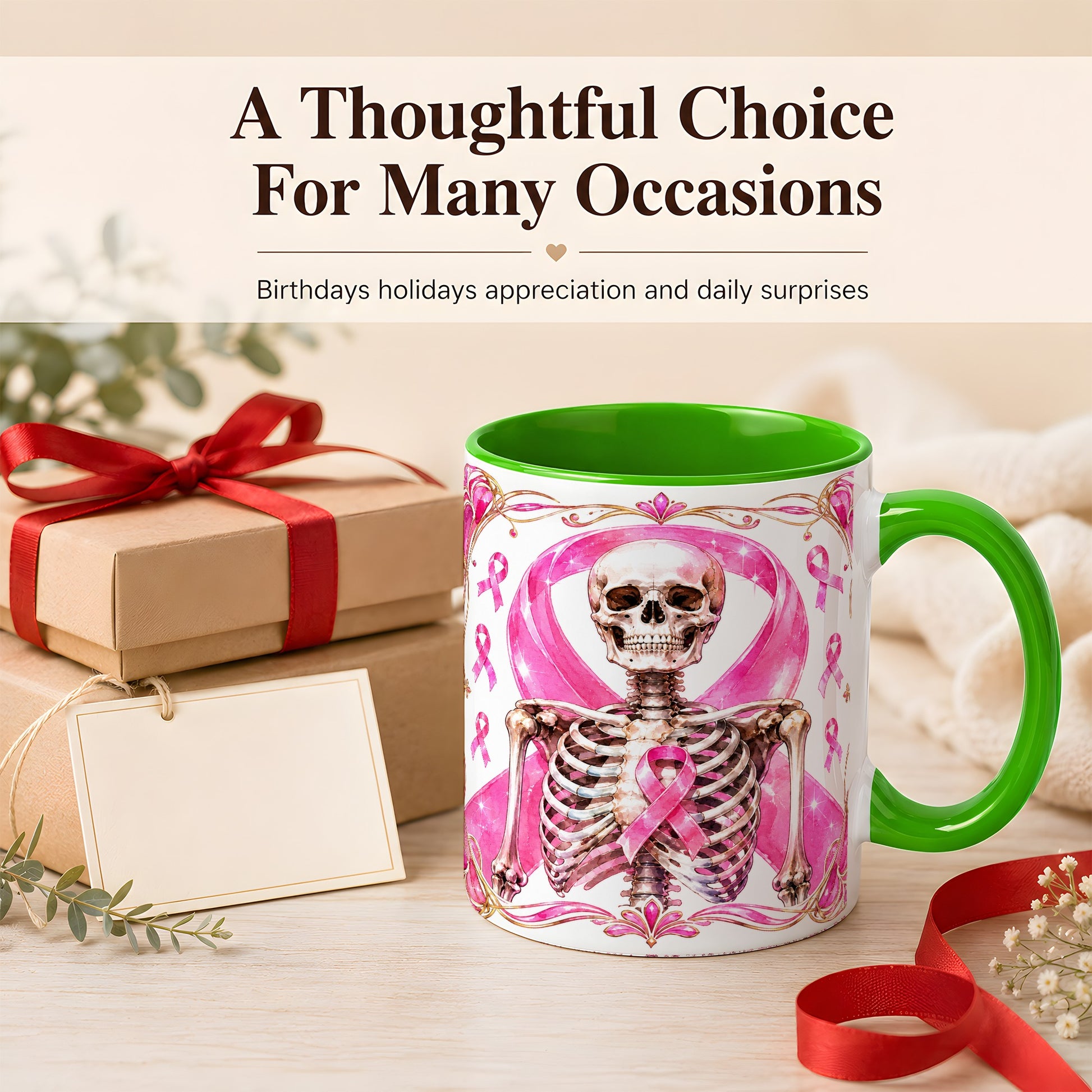 #pl[11oz|Green] Pink Ribbon Skeleton Coffee Mug, Awareness Mug, Ceramic Cup