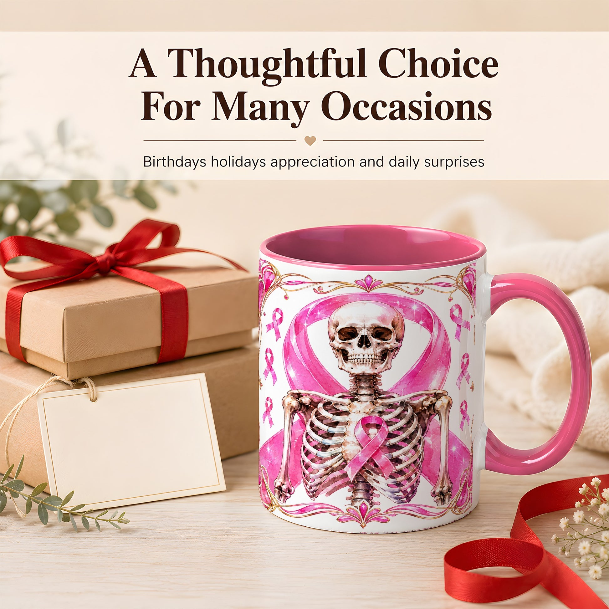 #pl[11oz|Pink] Pink Ribbon Skeleton Coffee Mug, Awareness Mug, Ceramic Cup