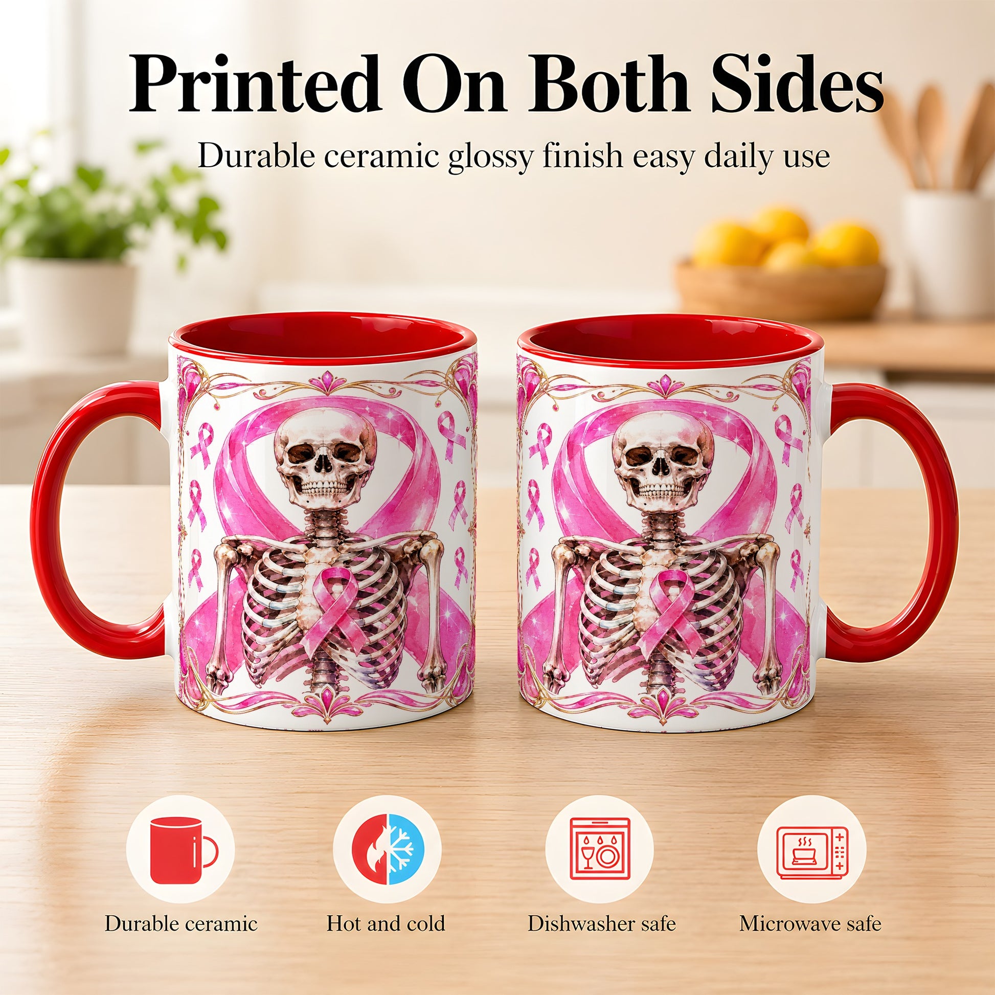 #pl[11oz|Red] Pink Ribbon Skeleton Coffee Mug, Awareness Mug, Ceramic Cup
