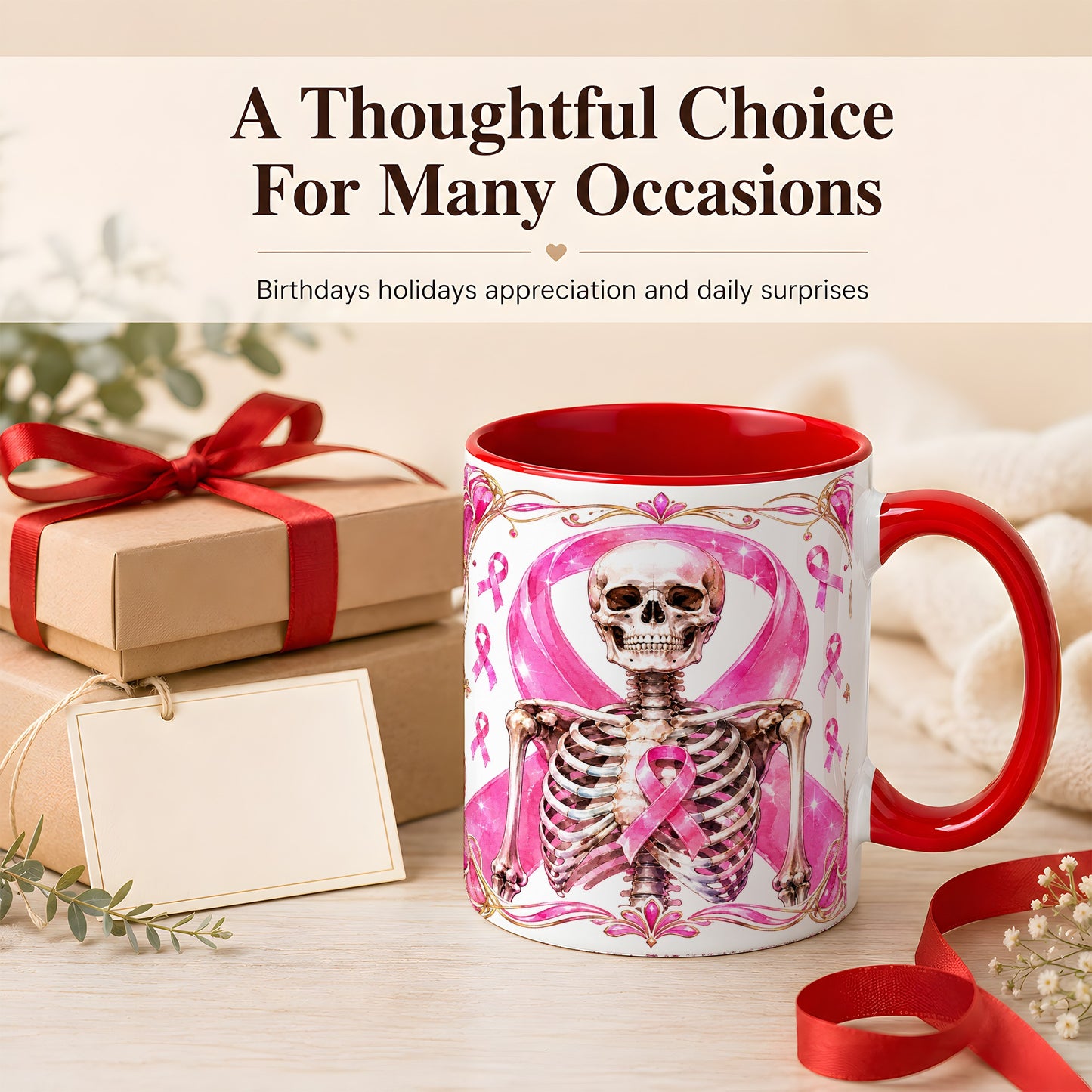 #pl[11oz|Red] Pink Ribbon Skeleton Coffee Mug, Awareness Mug, Ceramic Cup