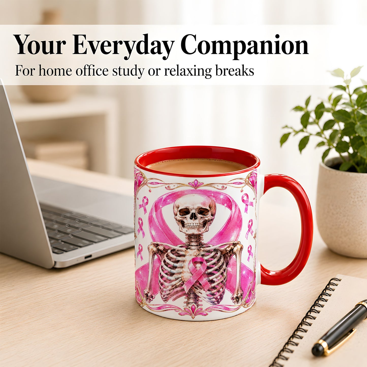 #pl[11oz|Red] Pink Ribbon Skeleton Coffee Mug, Awareness Mug, Ceramic Cup