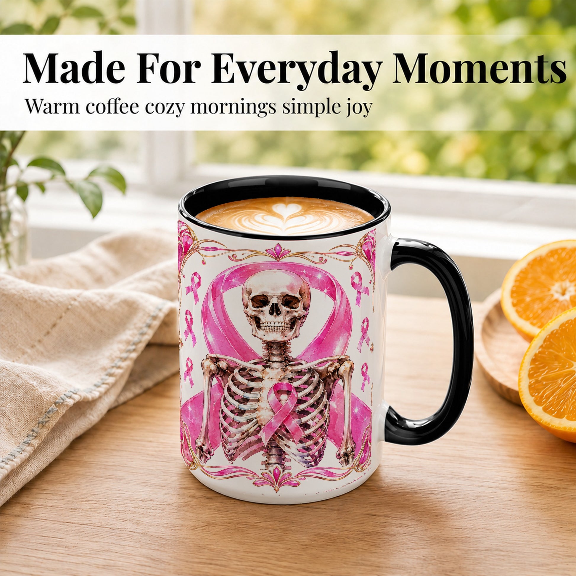 #pl[15oz|Black] Pink Ribbon Skeleton Coffee Mug, Awareness Mug, Ceramic Cup