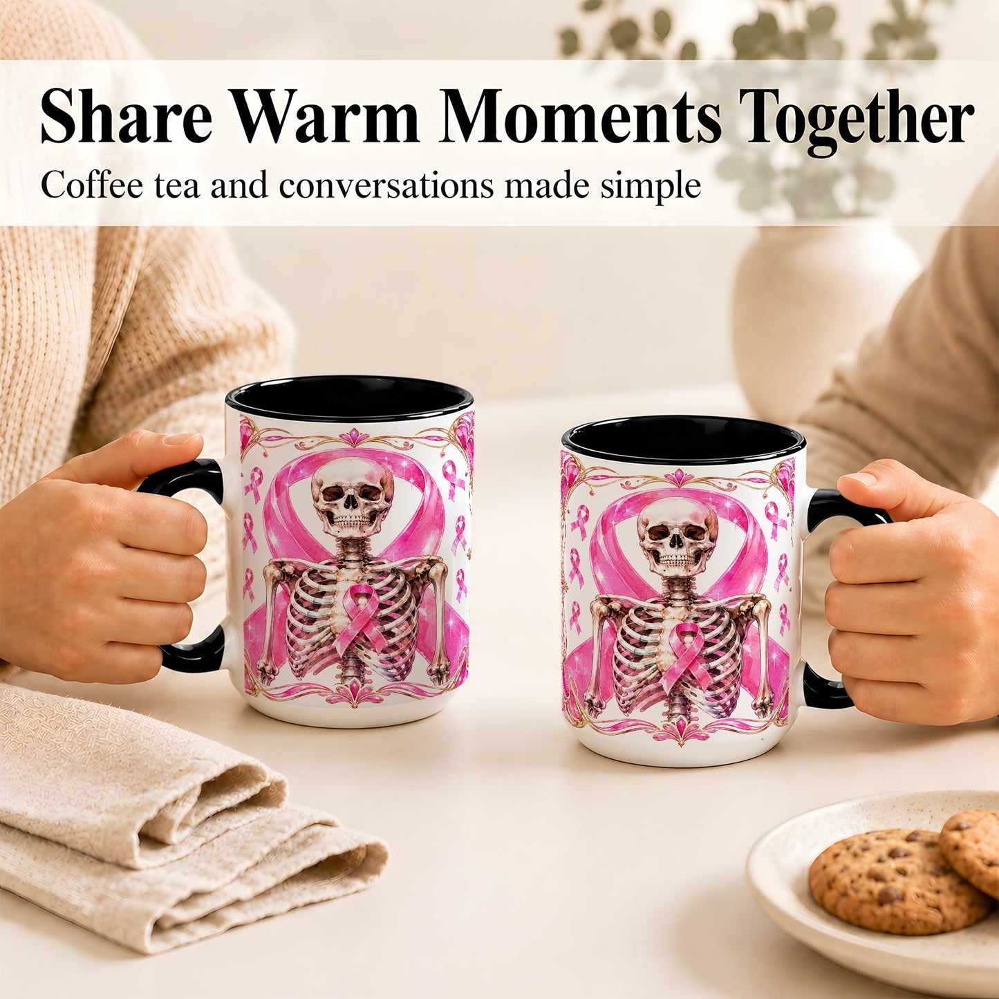 #pl[15oz|Black] Pink Ribbon Skeleton Coffee Mug, Awareness Mug, Ceramic Cup