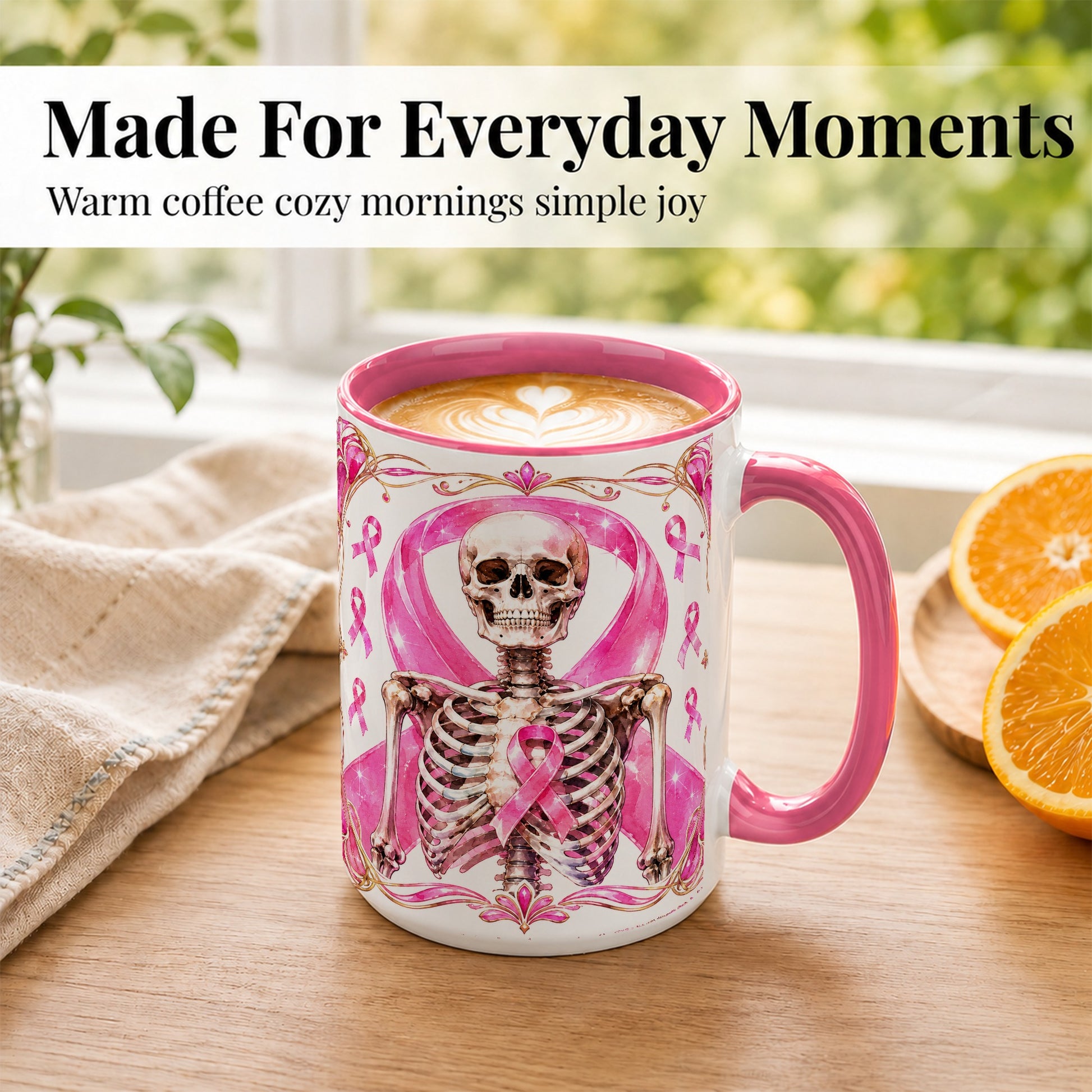 #pl[15oz|Pink] Pink Ribbon Skeleton Coffee Mug, Awareness Mug, Ceramic Cup