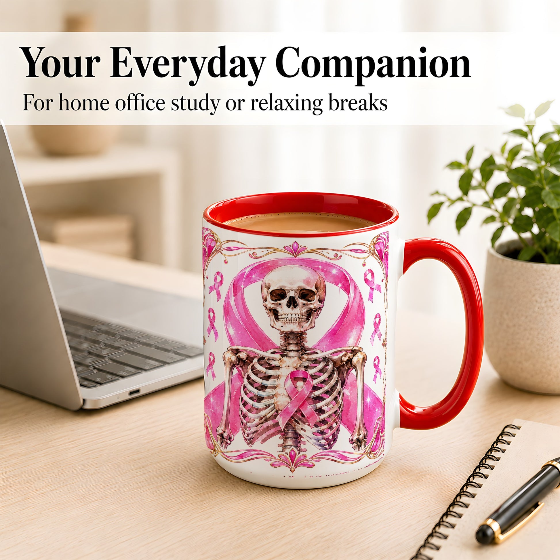 #pl[15oz|Red] Pink Ribbon Skeleton Coffee Mug, Awareness Mug, Ceramic Cup