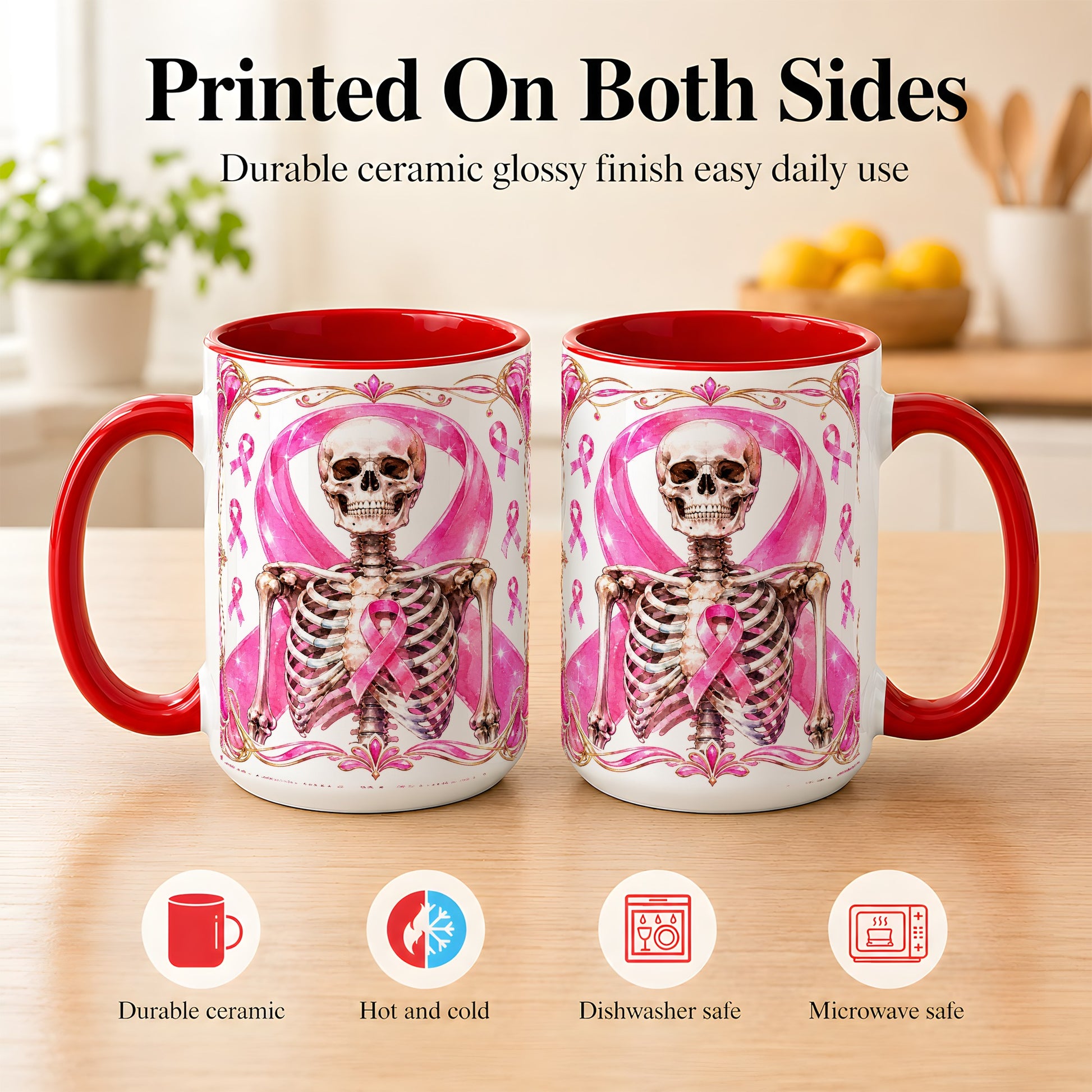 #pl[15oz|Red] Pink Ribbon Skeleton Coffee Mug, Awareness Mug, Ceramic Cup