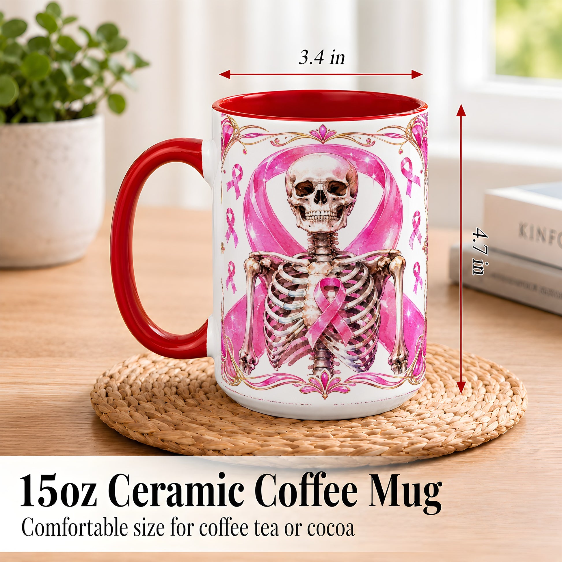 #pl[15oz|Red] Pink Ribbon Skeleton Coffee Mug, Awareness Mug, Ceramic Cup