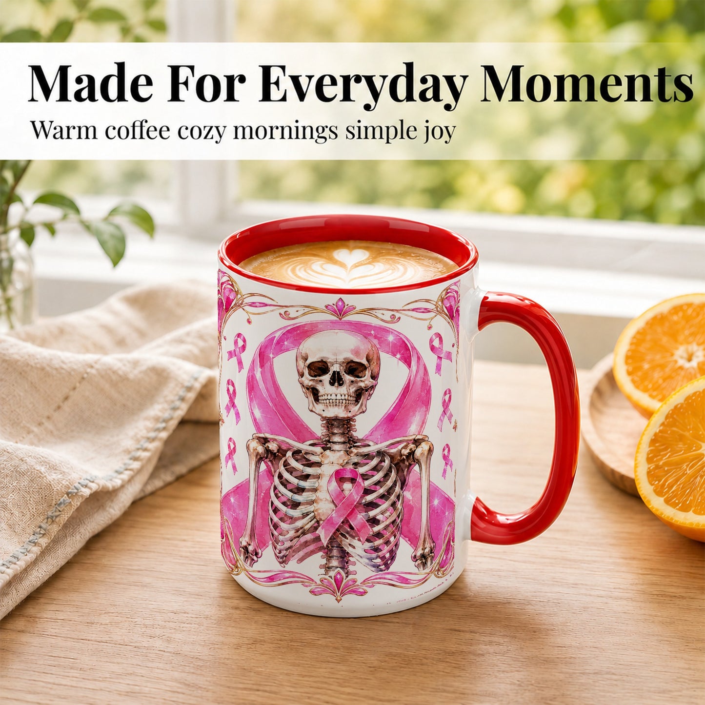 #pl[15oz|Red] Pink Ribbon Skeleton Coffee Mug, Awareness Mug, Ceramic Cup