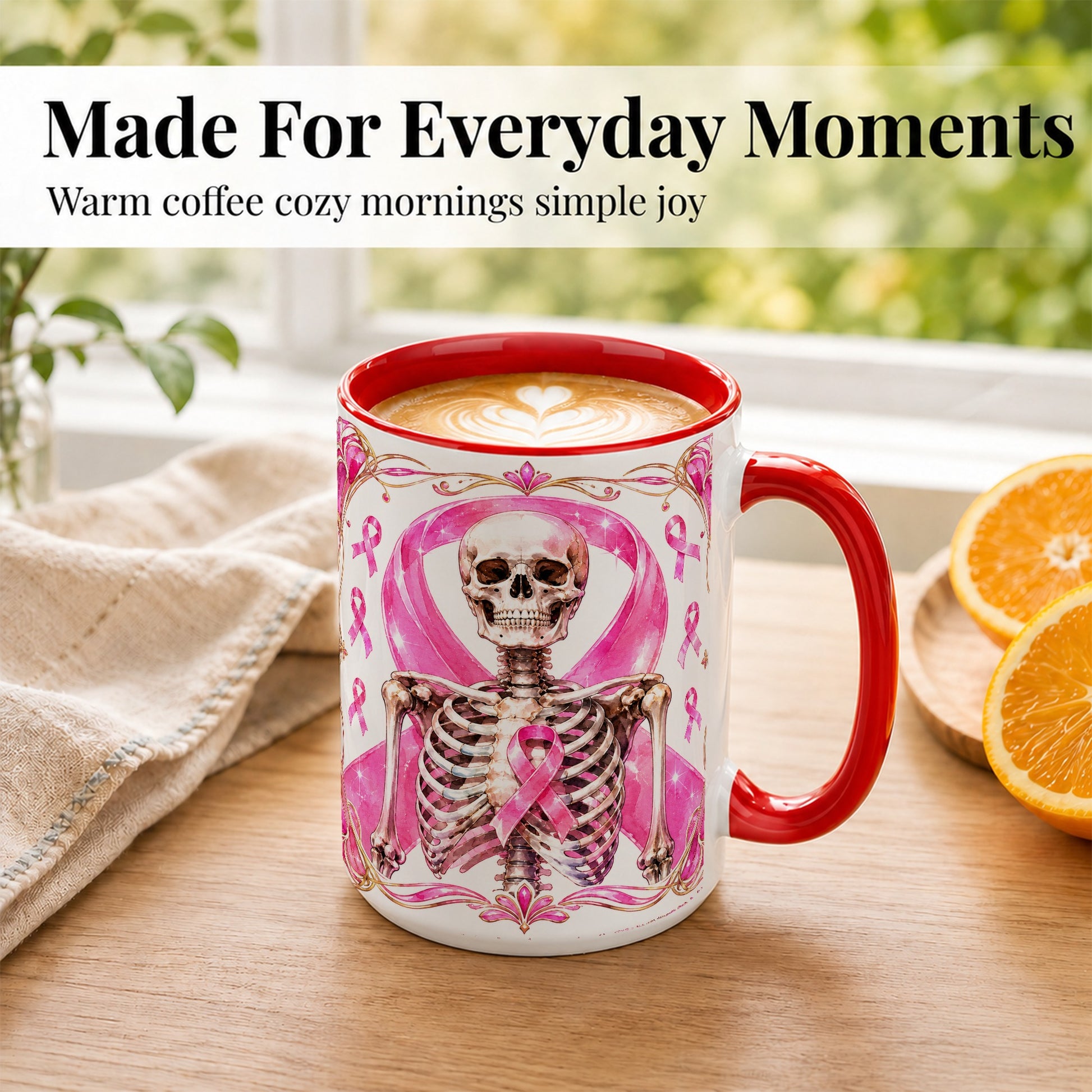 #pl[15oz|Red] Pink Ribbon Skeleton Coffee Mug, Awareness Mug, Ceramic Cup