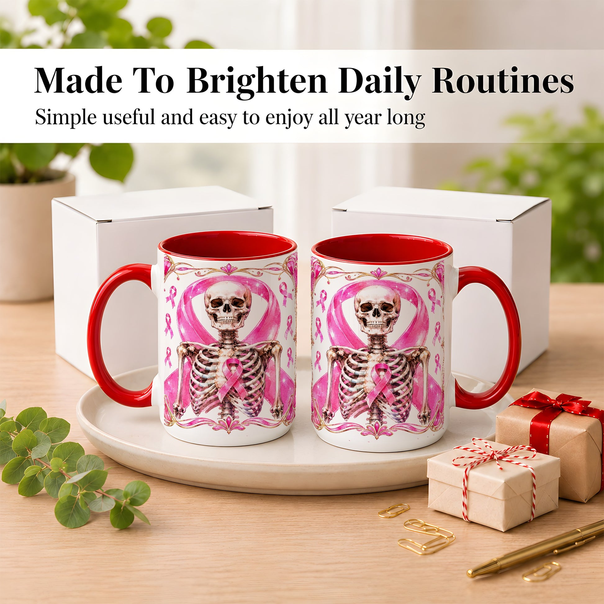 #pl[15oz|Red] Pink Ribbon Skeleton Coffee Mug, Awareness Mug, Ceramic Cup