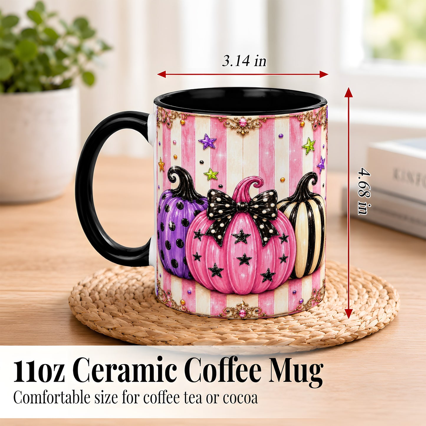#pl[11oz|Black] Pink Pumpkin Coffee Mug, Halloween Pumpkin Mug, Ceramic Cup