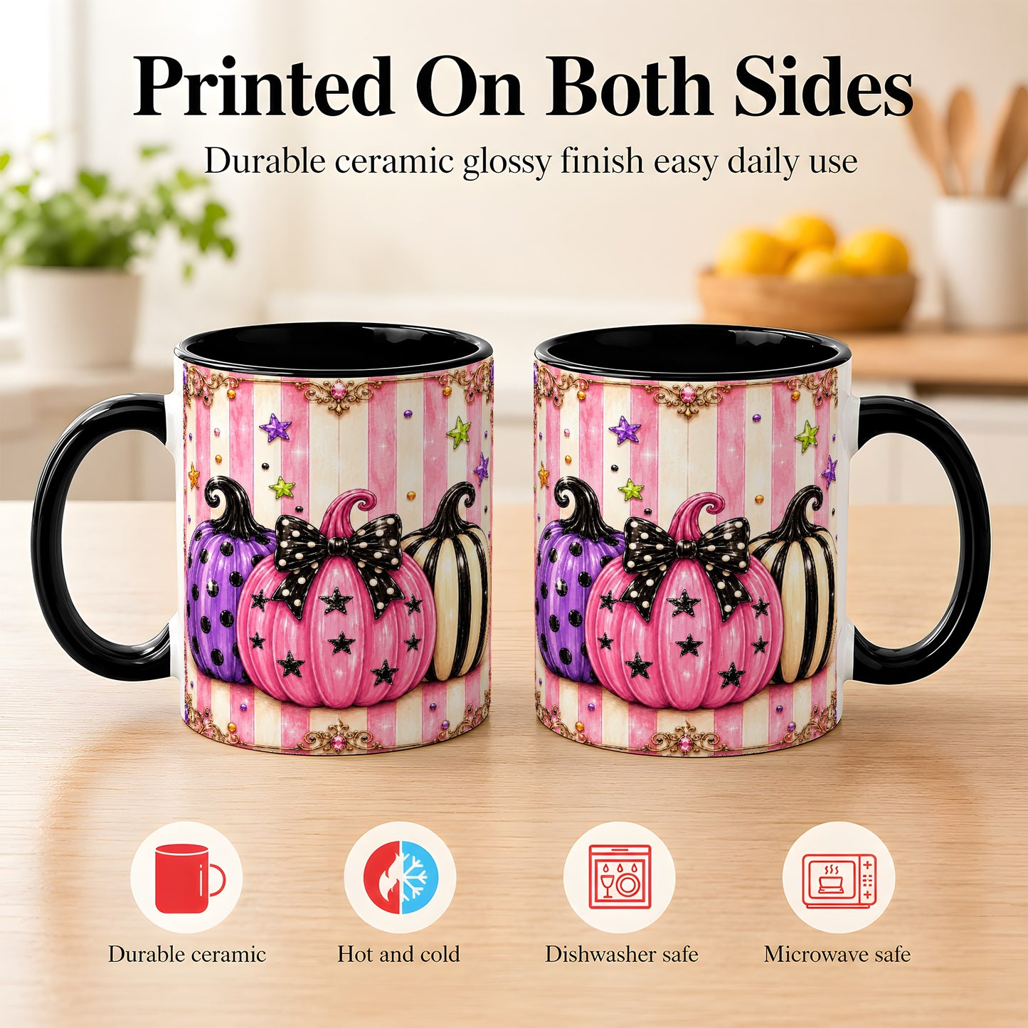 #pl[11oz|Black] Pink Pumpkin Coffee Mug, Halloween Pumpkin Mug, Ceramic Cup
