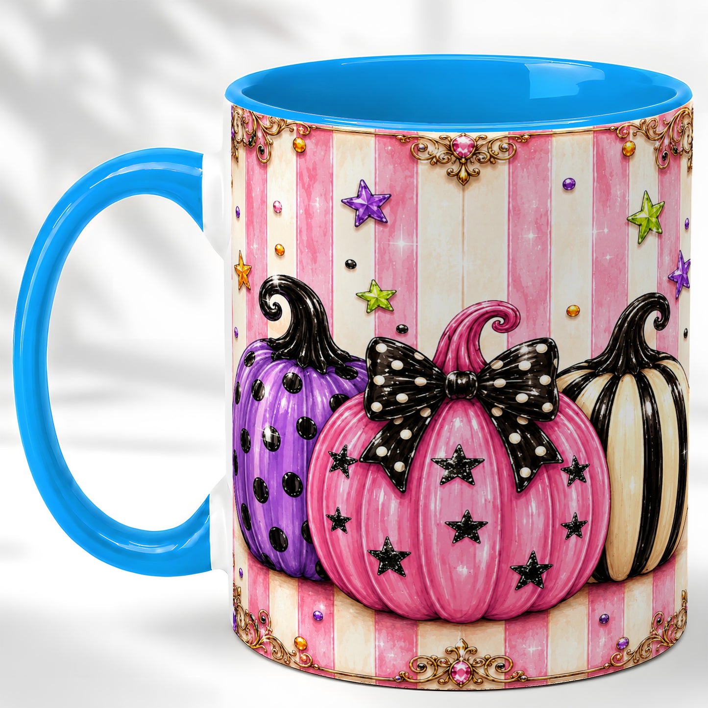 #pl[11oz|Blue] Pink Pumpkin Coffee Mug, Halloween Pumpkin Mug, Ceramic Cup