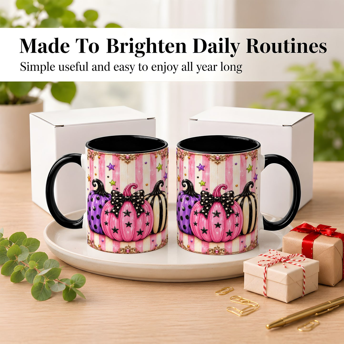 #pl[11oz|Black] Pink Pumpkin Coffee Mug, Halloween Pumpkin Mug, Ceramic Cup
