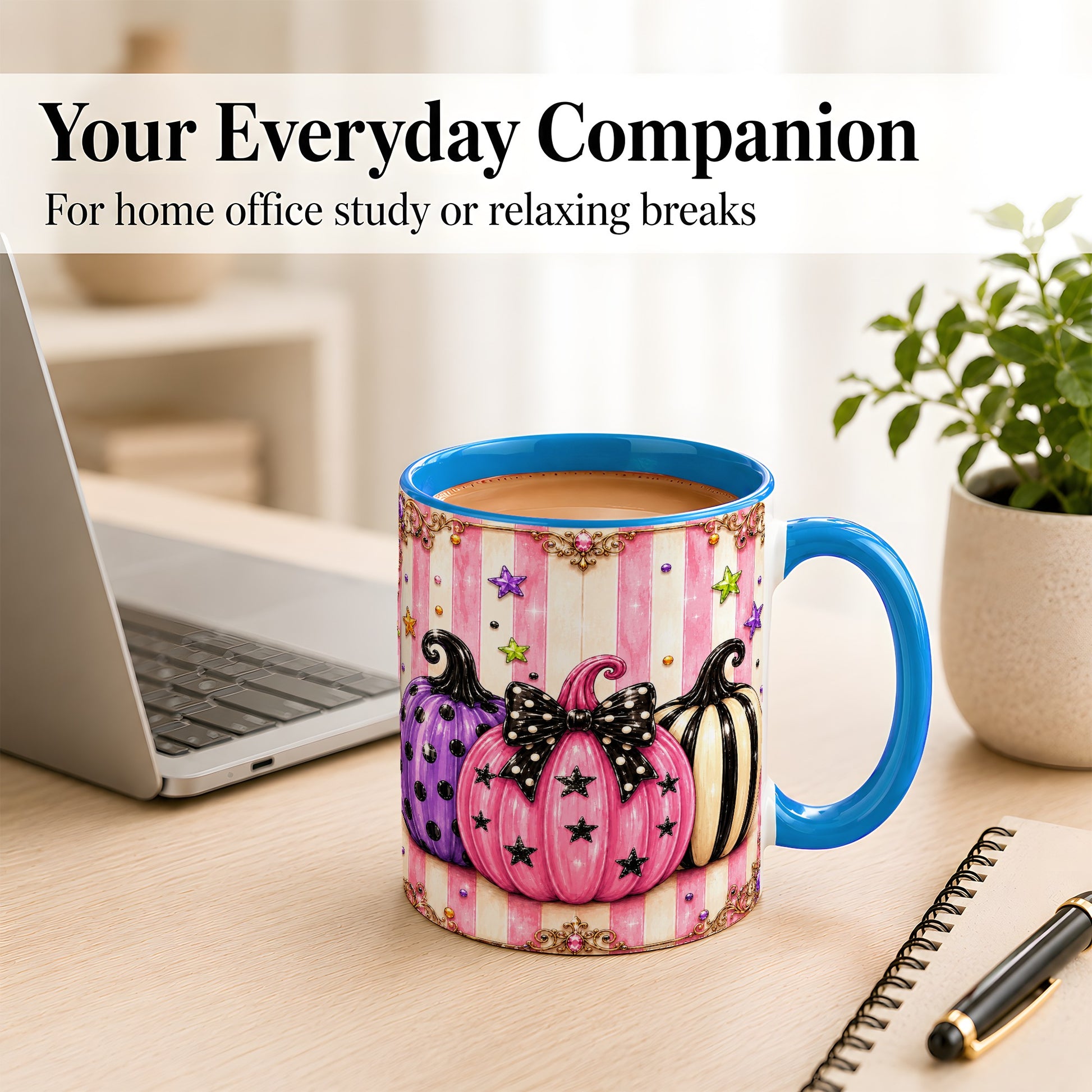 #pl[11oz|Blue] Pink Pumpkin Coffee Mug, Halloween Pumpkin Mug, Ceramic Cup