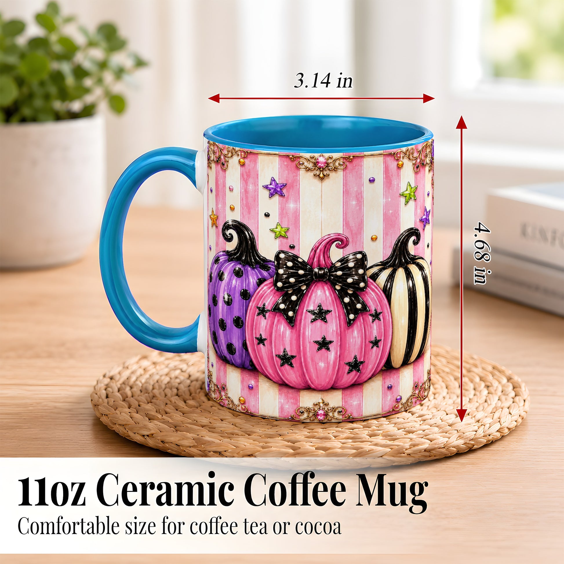 #pl[11oz|Blue] Pink Pumpkin Coffee Mug, Halloween Pumpkin Mug, Ceramic Cup