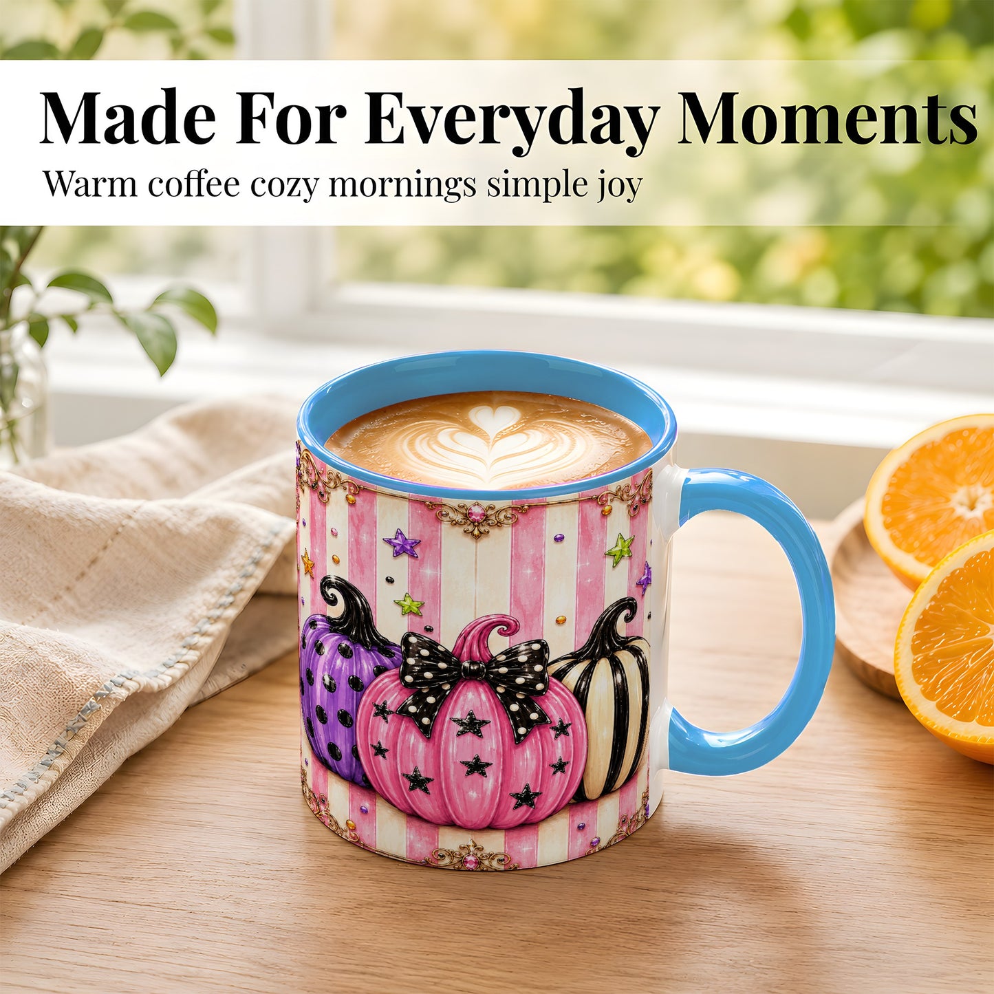 #pl[11oz|Blue] Pink Pumpkin Coffee Mug, Halloween Pumpkin Mug, Ceramic Cup