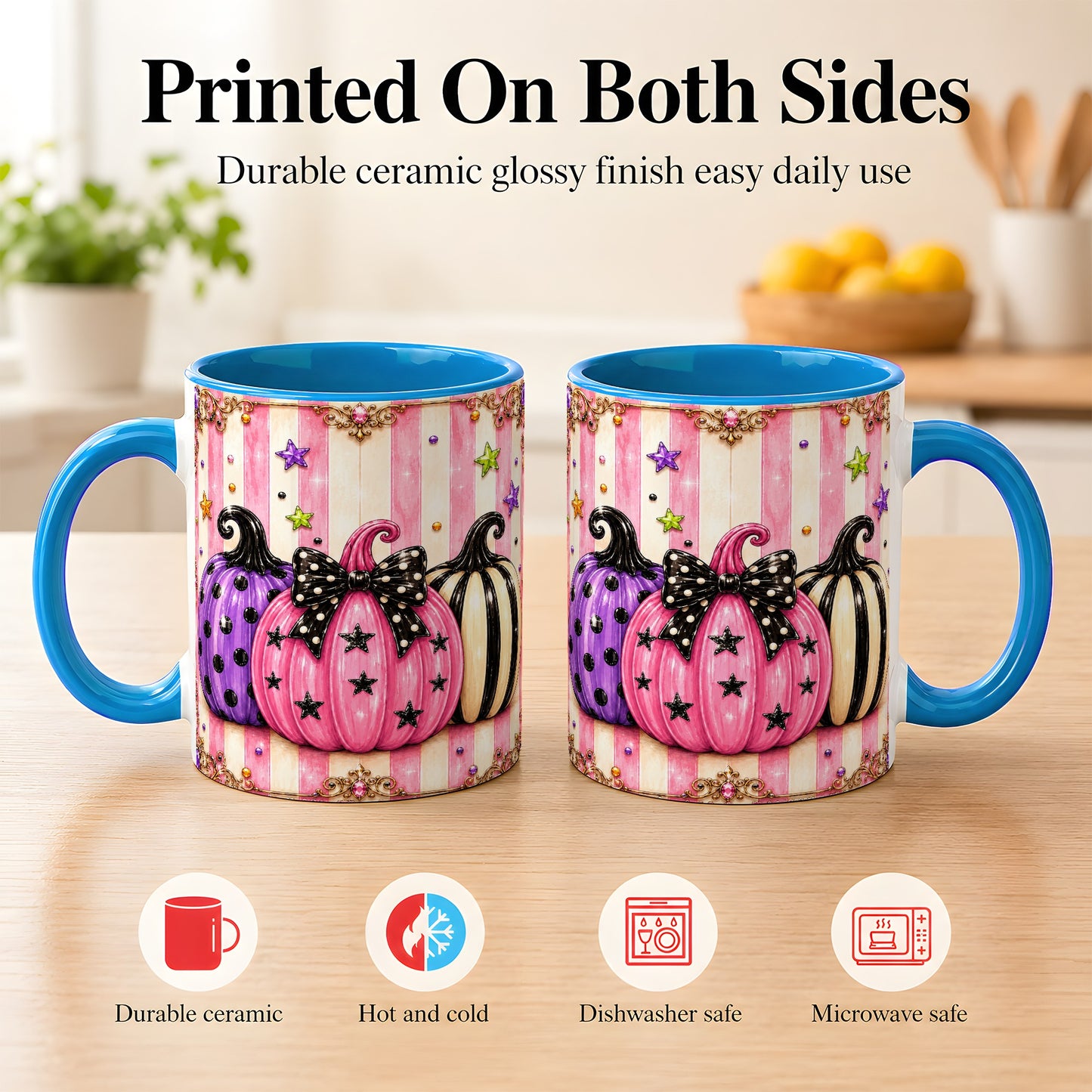 #pl[11oz|Blue] Pink Pumpkin Coffee Mug, Halloween Pumpkin Mug, Ceramic Cup