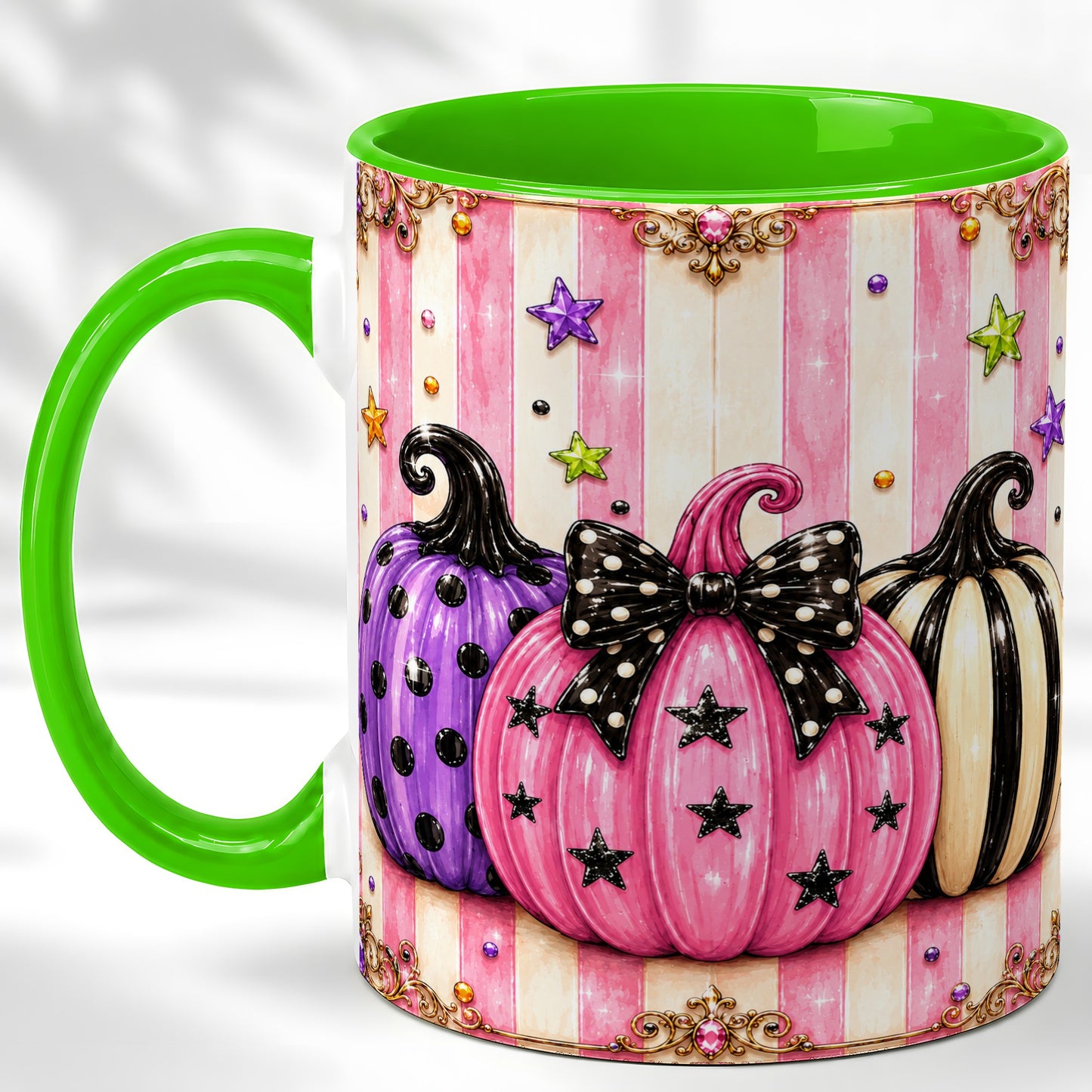 #pl[11oz|Green] Pink Pumpkin Coffee Mug, Halloween Pumpkin Mug, Ceramic Cup