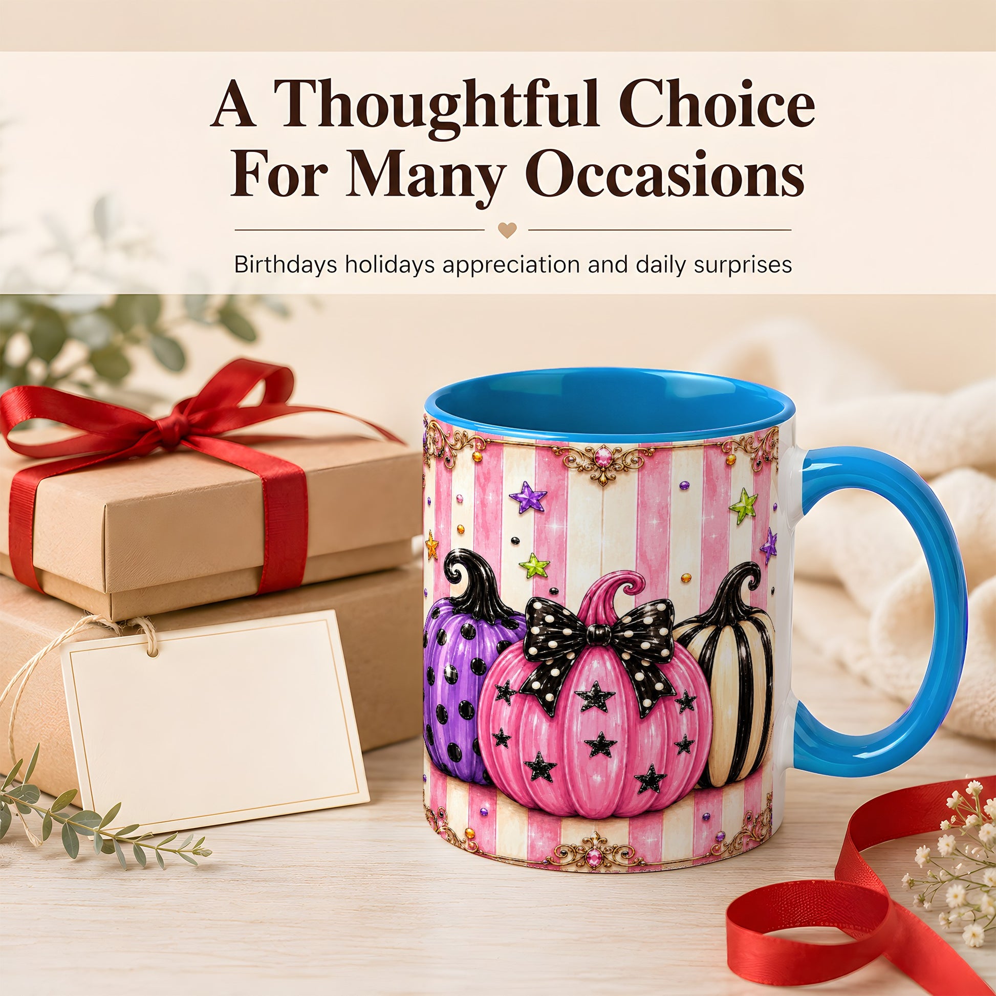 #pl[11oz|Blue] Pink Pumpkin Coffee Mug, Halloween Pumpkin Mug, Ceramic Cup
