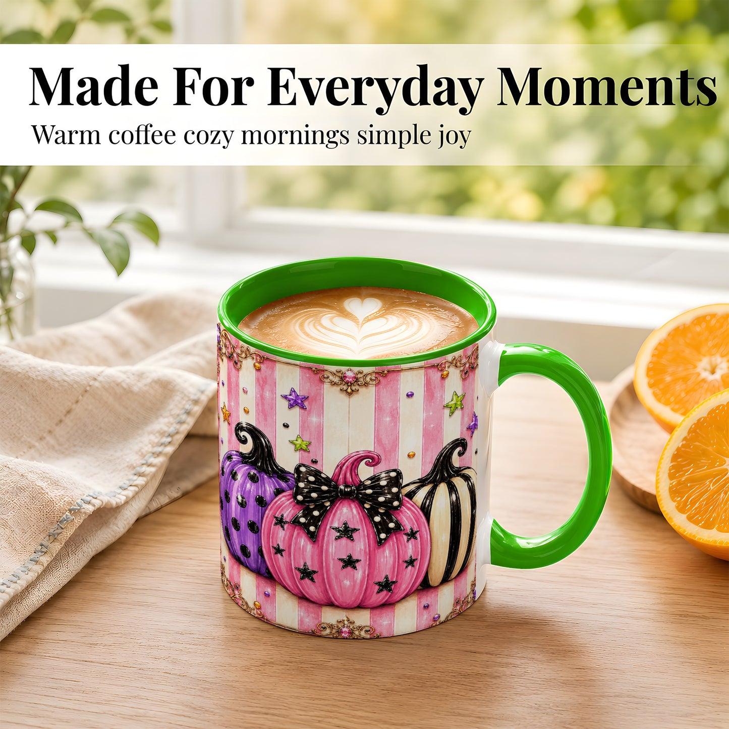 #pl[11oz|Green] Pink Pumpkin Coffee Mug, Halloween Pumpkin Mug, Ceramic Cup