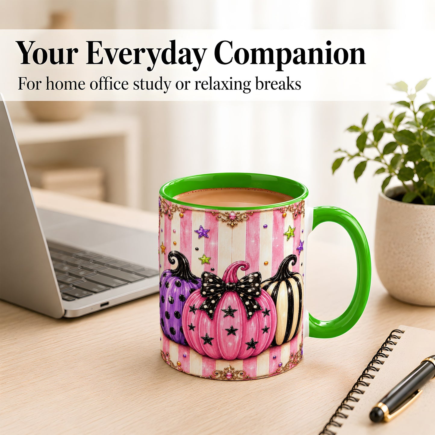 #pl[11oz|Green] Pink Pumpkin Coffee Mug, Halloween Pumpkin Mug, Ceramic Cup