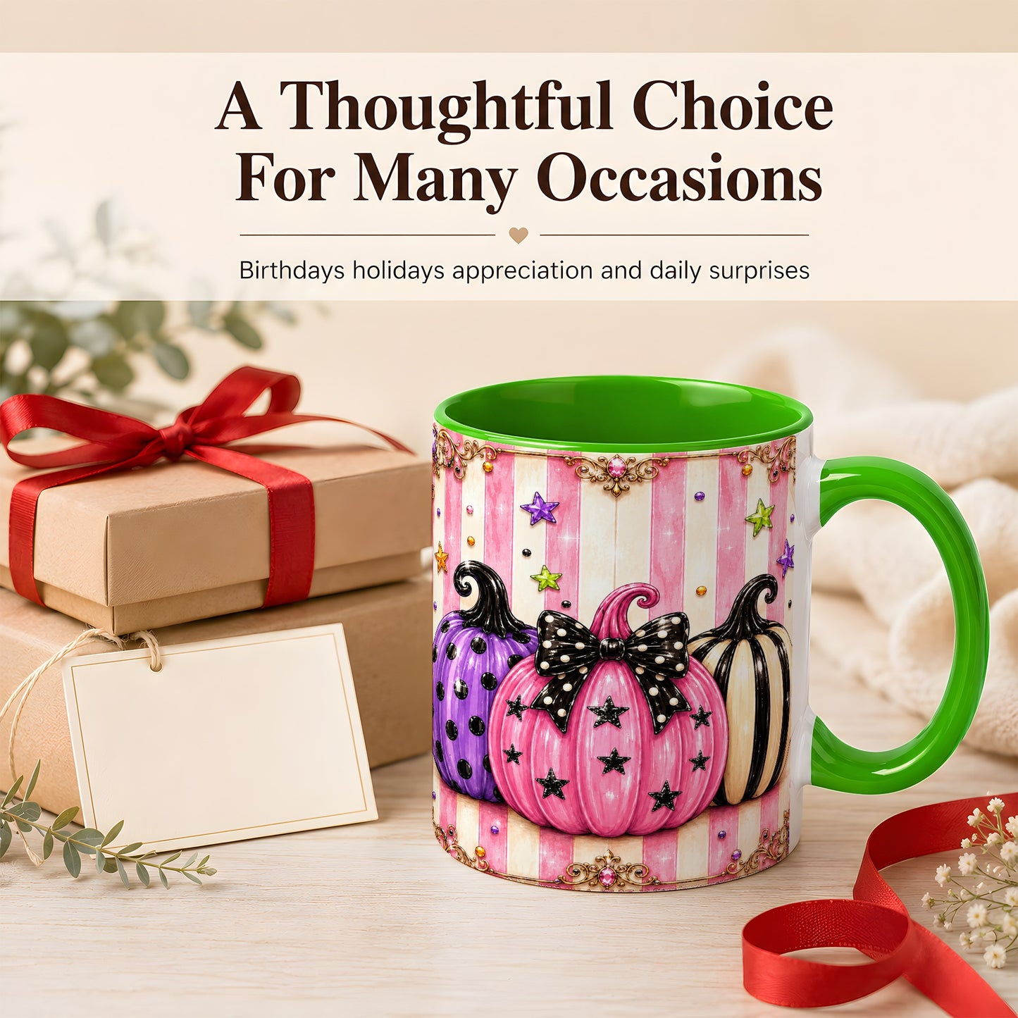 #pl[11oz|Green] Pink Pumpkin Coffee Mug, Halloween Pumpkin Mug, Ceramic Cup