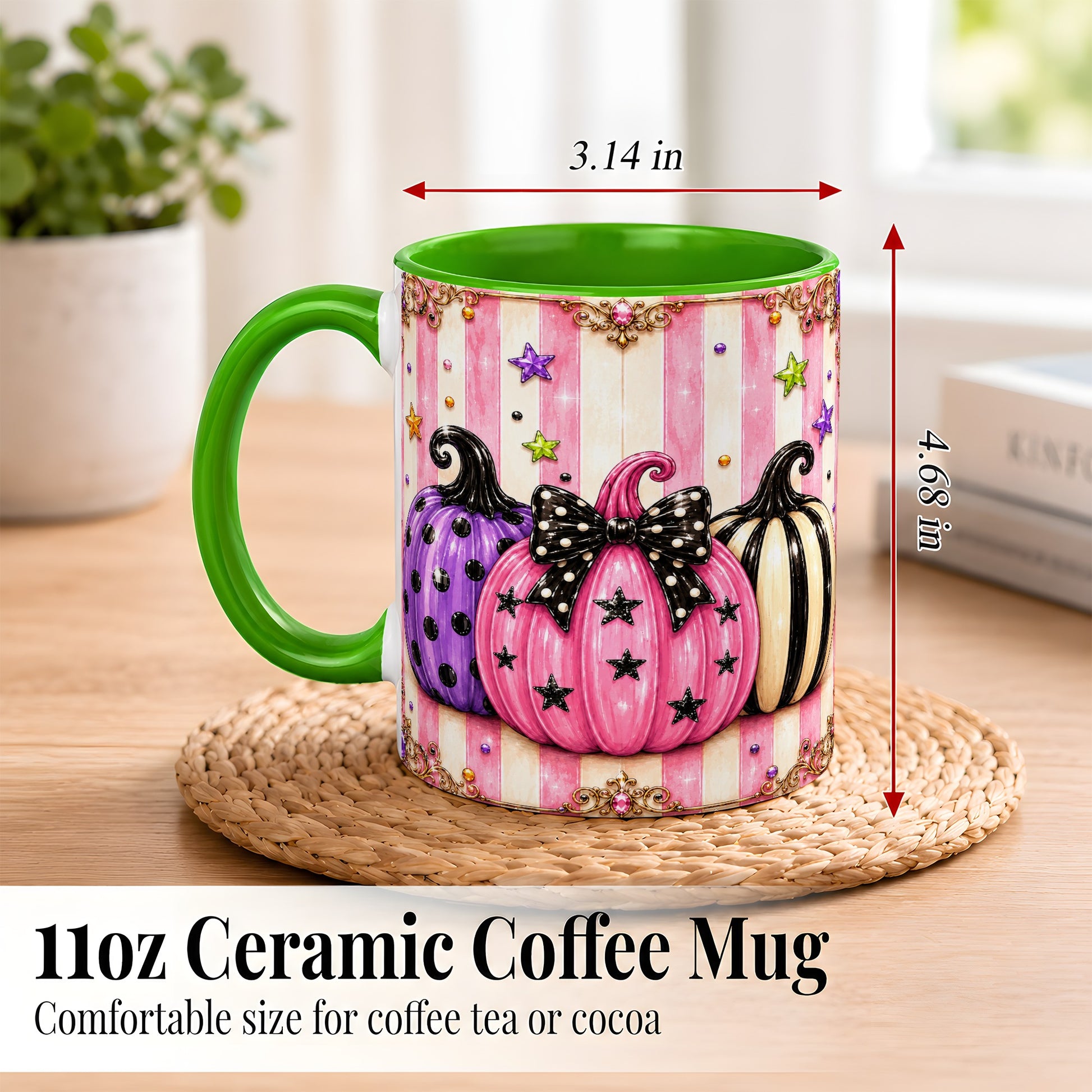 #pl[11oz|Green] Pink Pumpkin Coffee Mug, Halloween Pumpkin Mug, Ceramic Cup