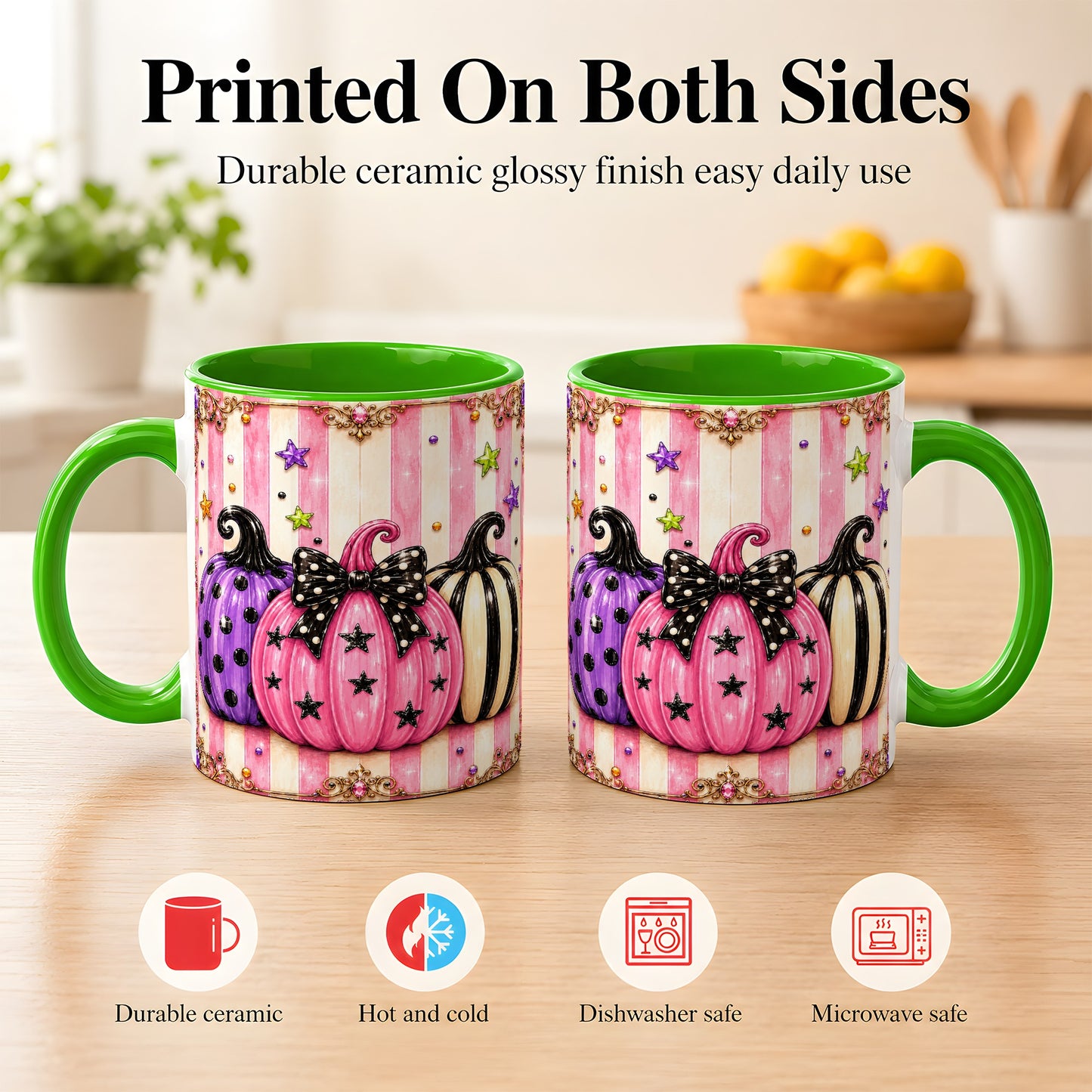 #pl[11oz|Green] Pink Pumpkin Coffee Mug, Halloween Pumpkin Mug, Ceramic Cup