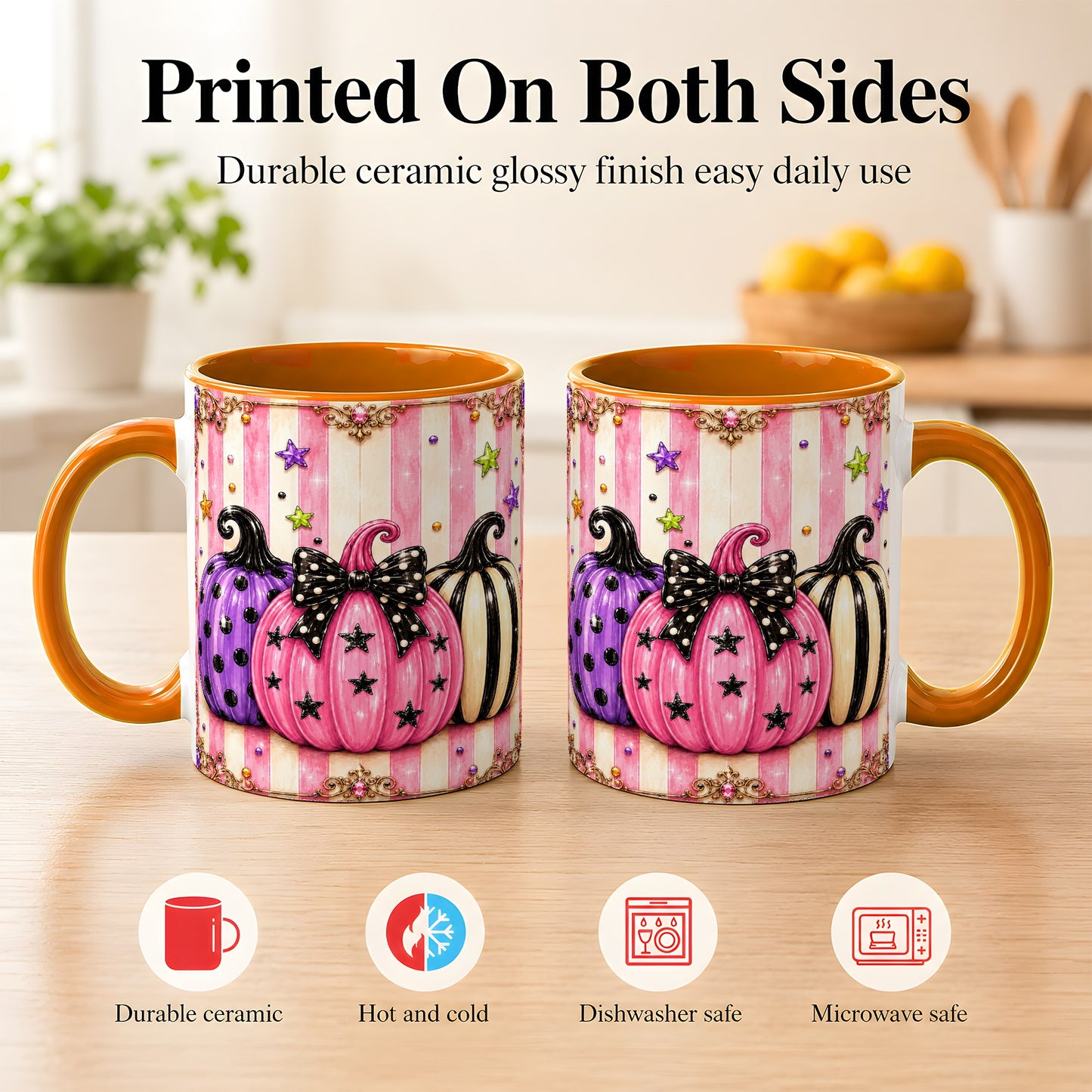 #pl[11oz|Orange] Pink Pumpkin Coffee Mug, Halloween Pumpkin Mug, Ceramic Cup