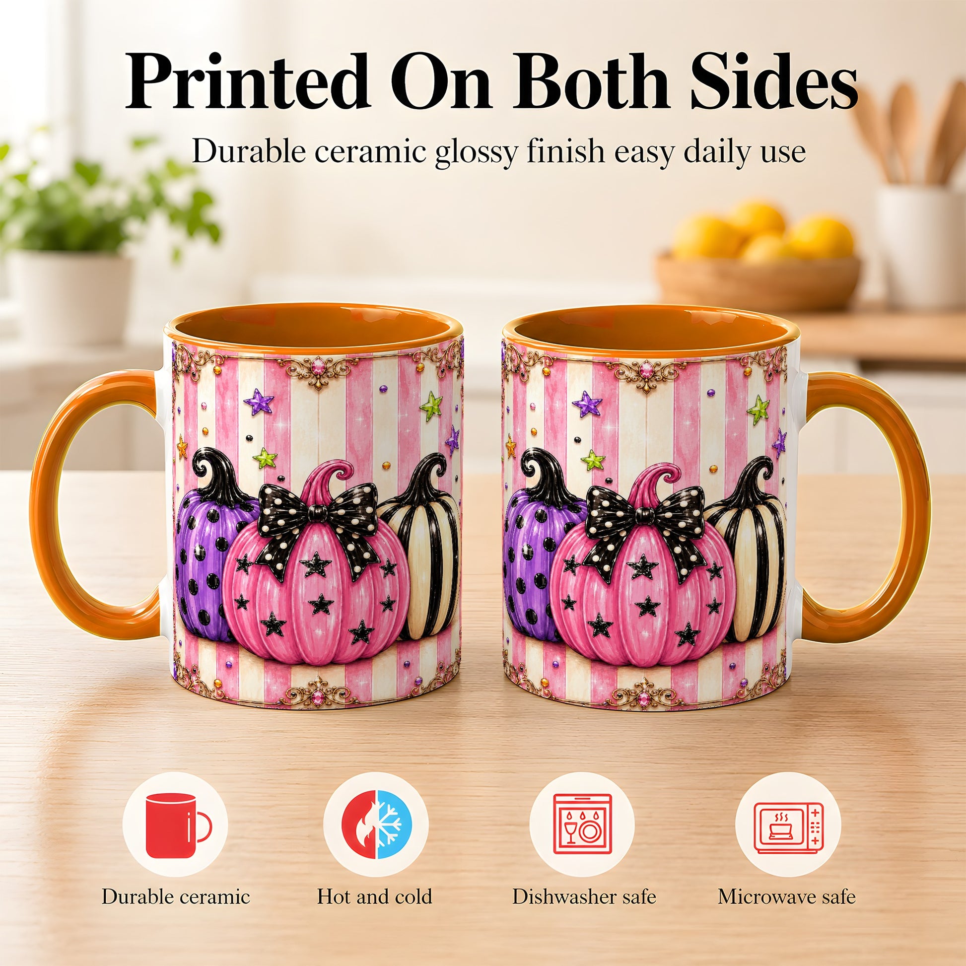 #pl[11oz|Orange] Pink Pumpkin Coffee Mug, Halloween Pumpkin Mug, Ceramic Cup