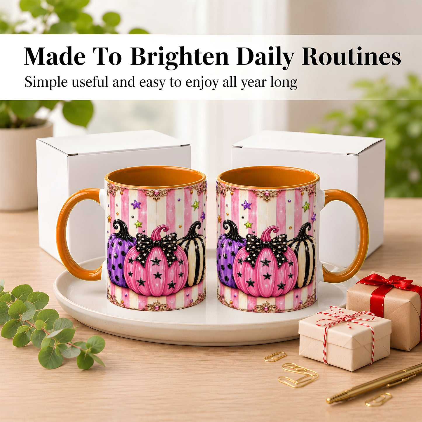#pl[11oz|Orange] Pink Pumpkin Coffee Mug, Halloween Pumpkin Mug, Ceramic Cup