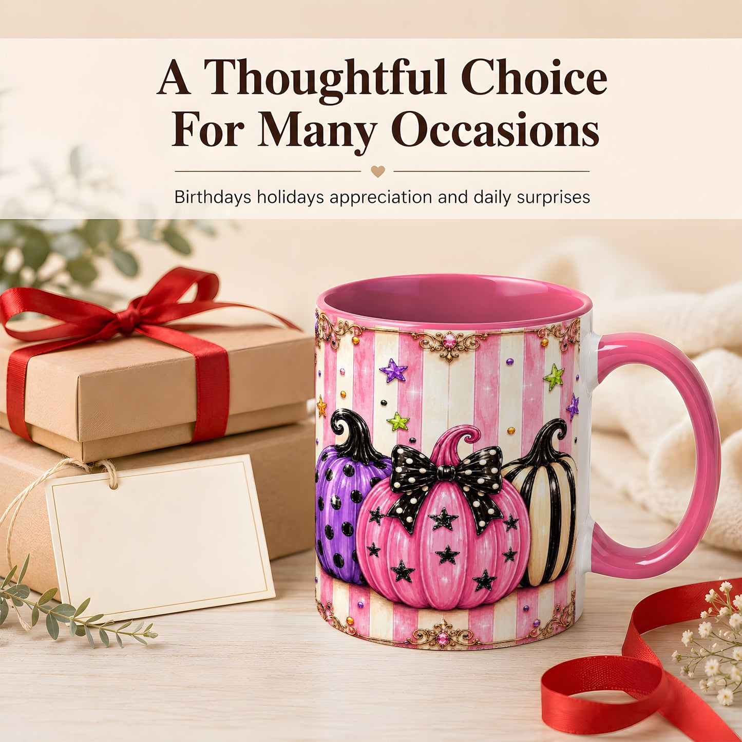 #pl[11oz|Pink] Pink Pumpkin Coffee Mug, Halloween Pumpkin Mug, Ceramic Cup