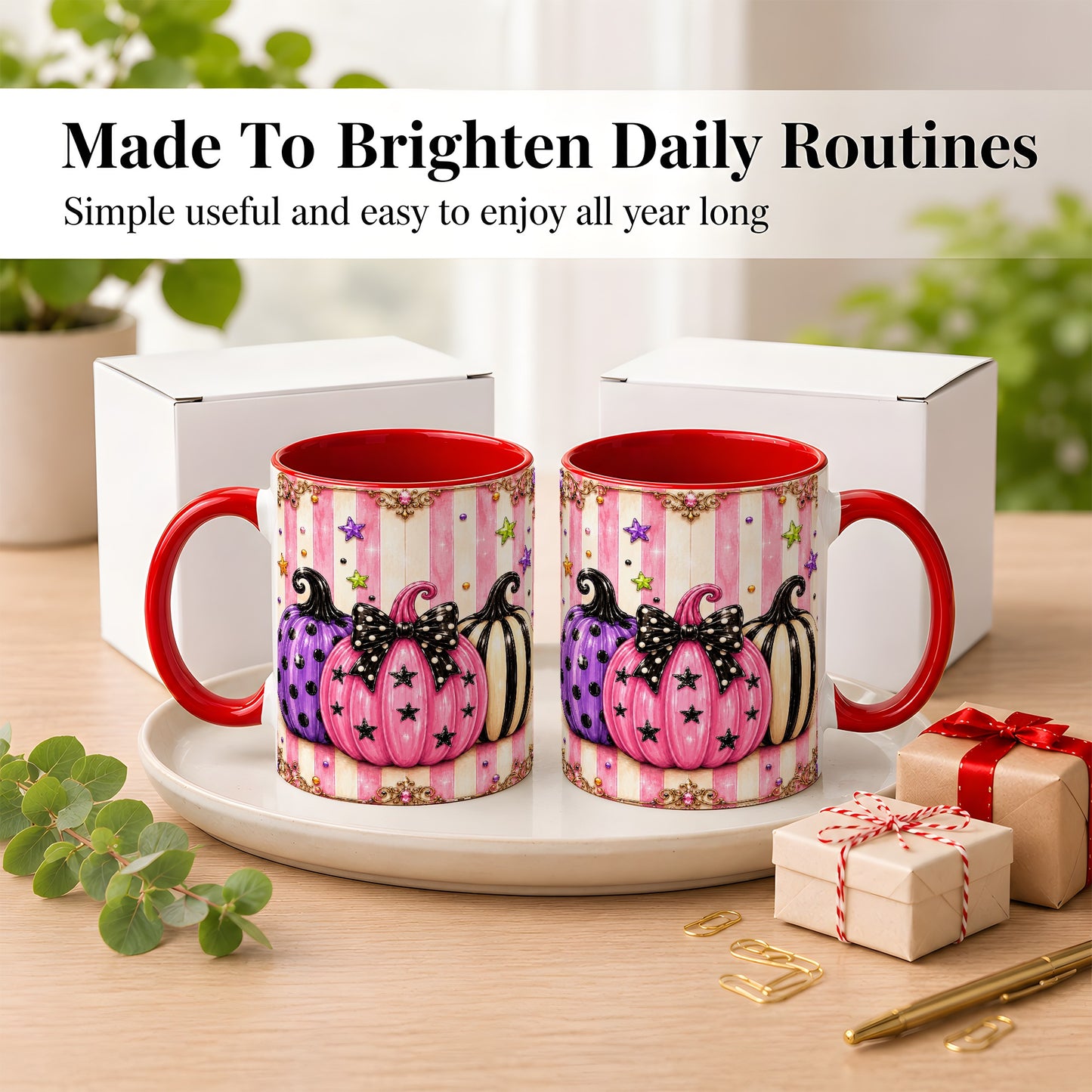#pl[11oz|Red] Pink Pumpkin Coffee Mug, Halloween Pumpkin Mug, Ceramic Cup