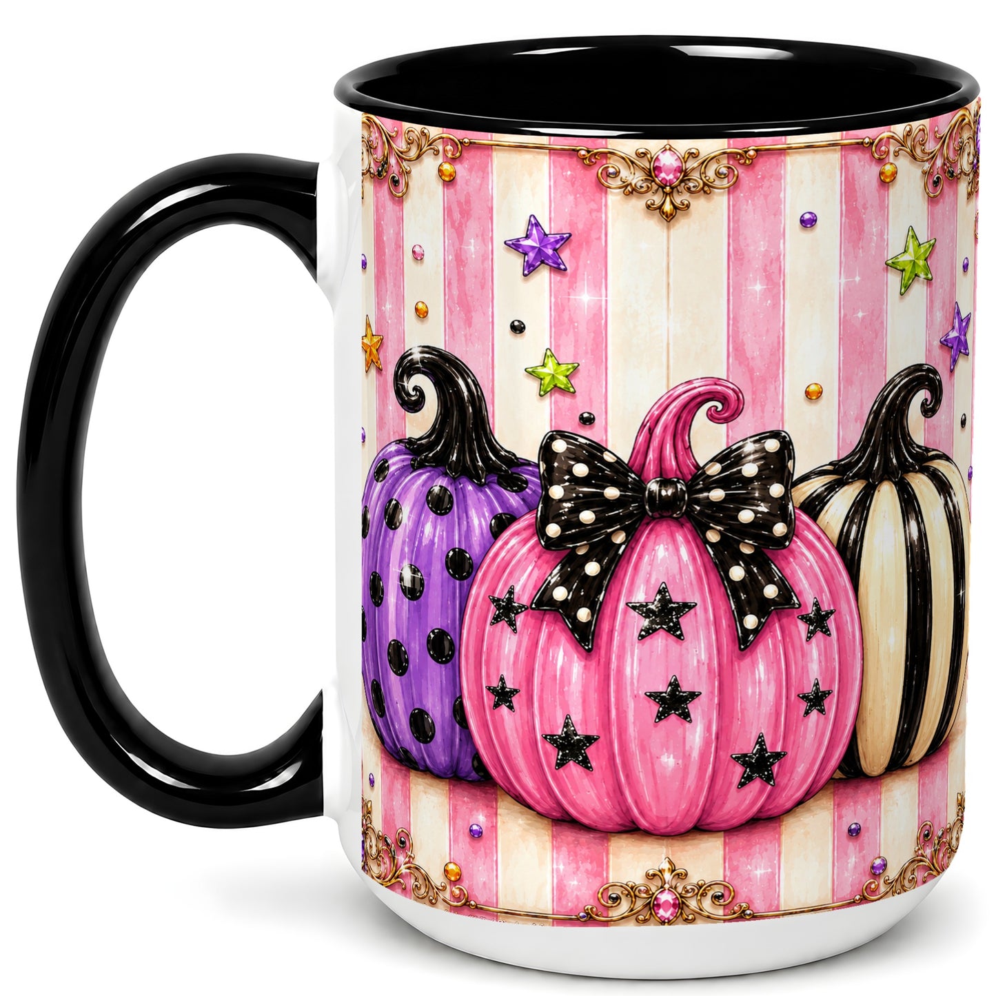 #pl[15oz|Black] Pink Pumpkin Coffee Mug, Halloween Pumpkin Mug, Ceramic Cup
