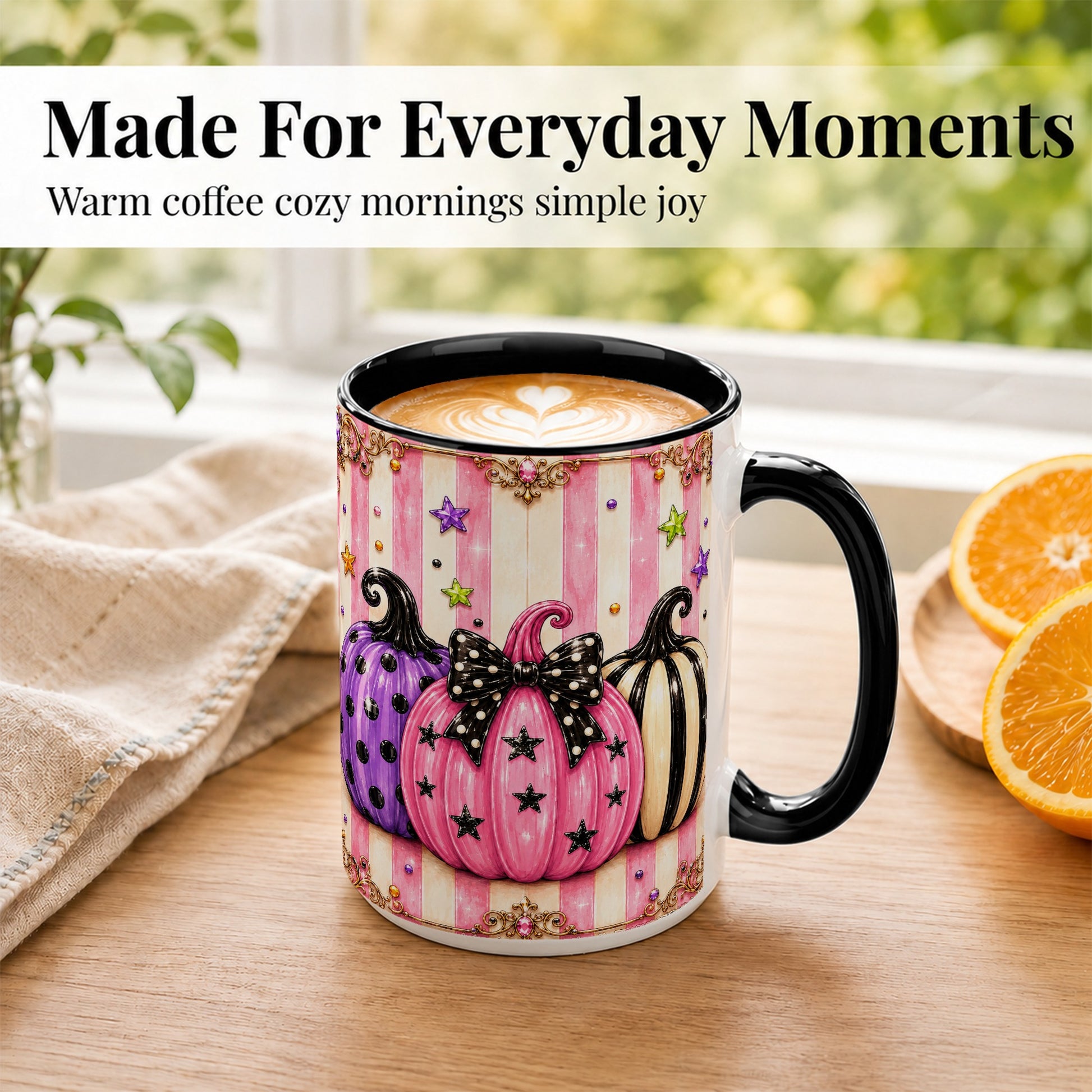 #pl[15oz|Black] Pink Pumpkin Coffee Mug, Halloween Pumpkin Mug, Ceramic Cup