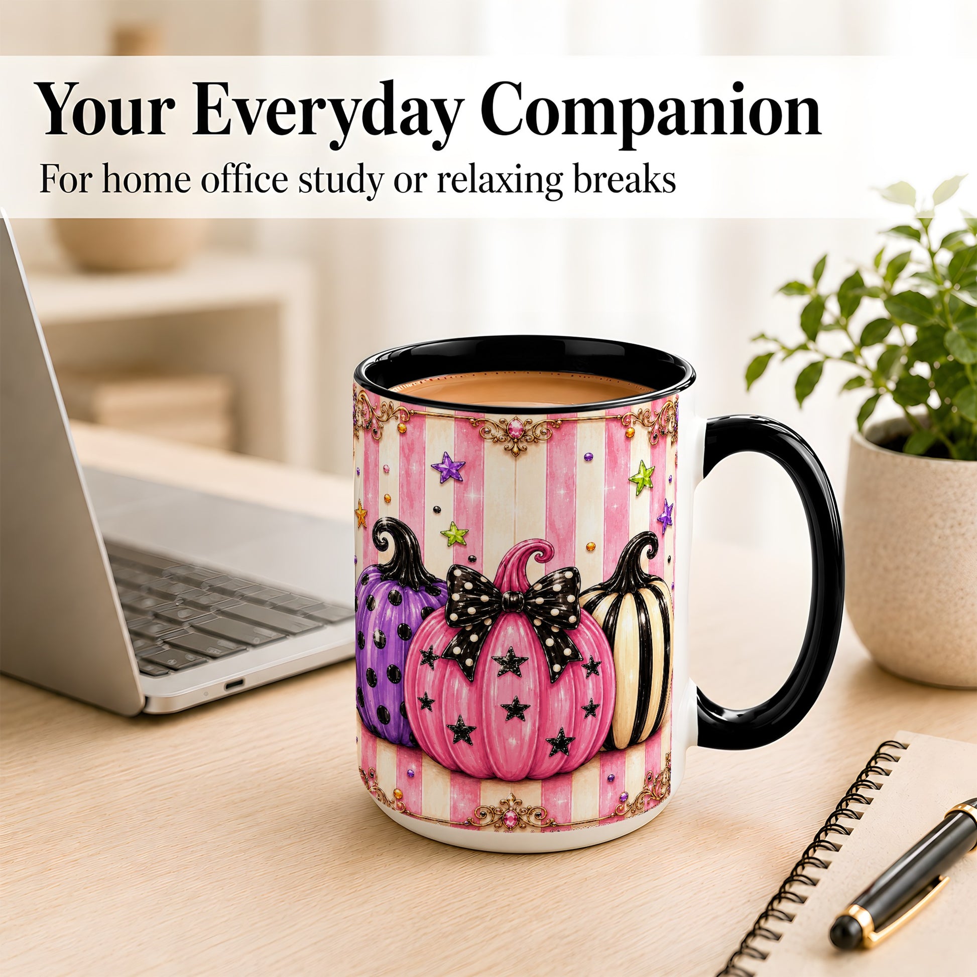 #pl[15oz|Black] Pink Pumpkin Coffee Mug, Halloween Pumpkin Mug, Ceramic Cup