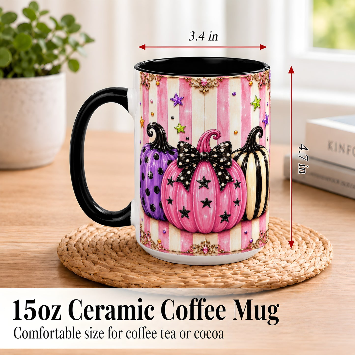 #pl[15oz|Black] Pink Pumpkin Coffee Mug, Halloween Pumpkin Mug, Ceramic Cup