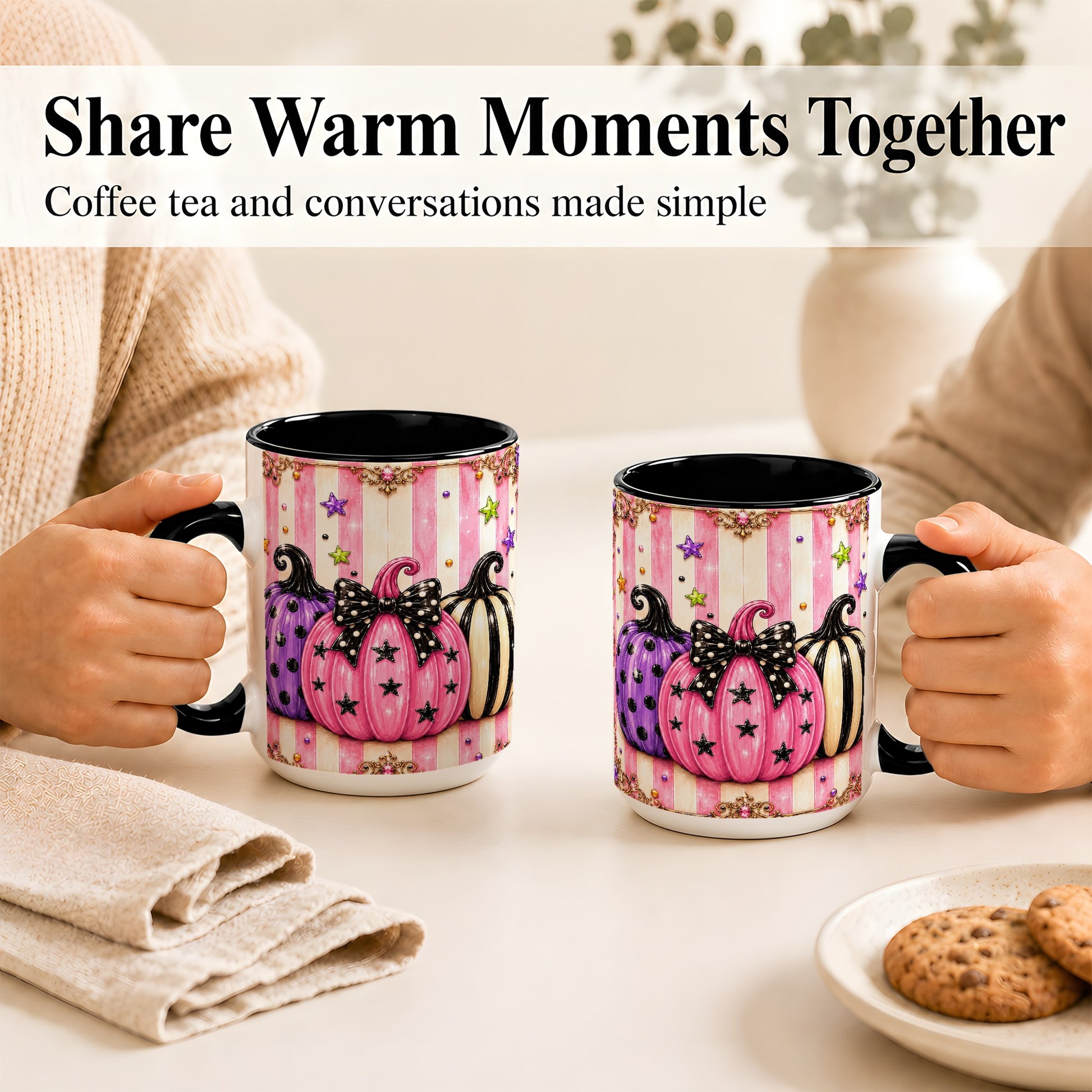 #pl[15oz|Black] Pink Pumpkin Coffee Mug, Halloween Pumpkin Mug, Ceramic Cup