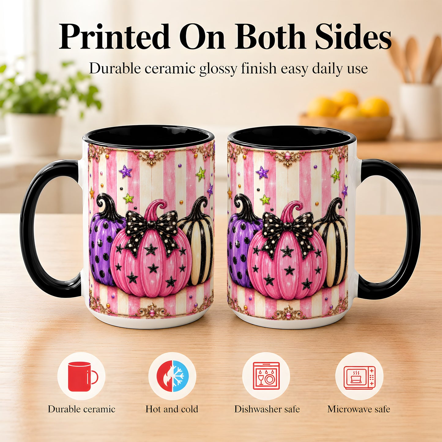 #pl[15oz|Black] Pink Pumpkin Coffee Mug, Halloween Pumpkin Mug, Ceramic Cup