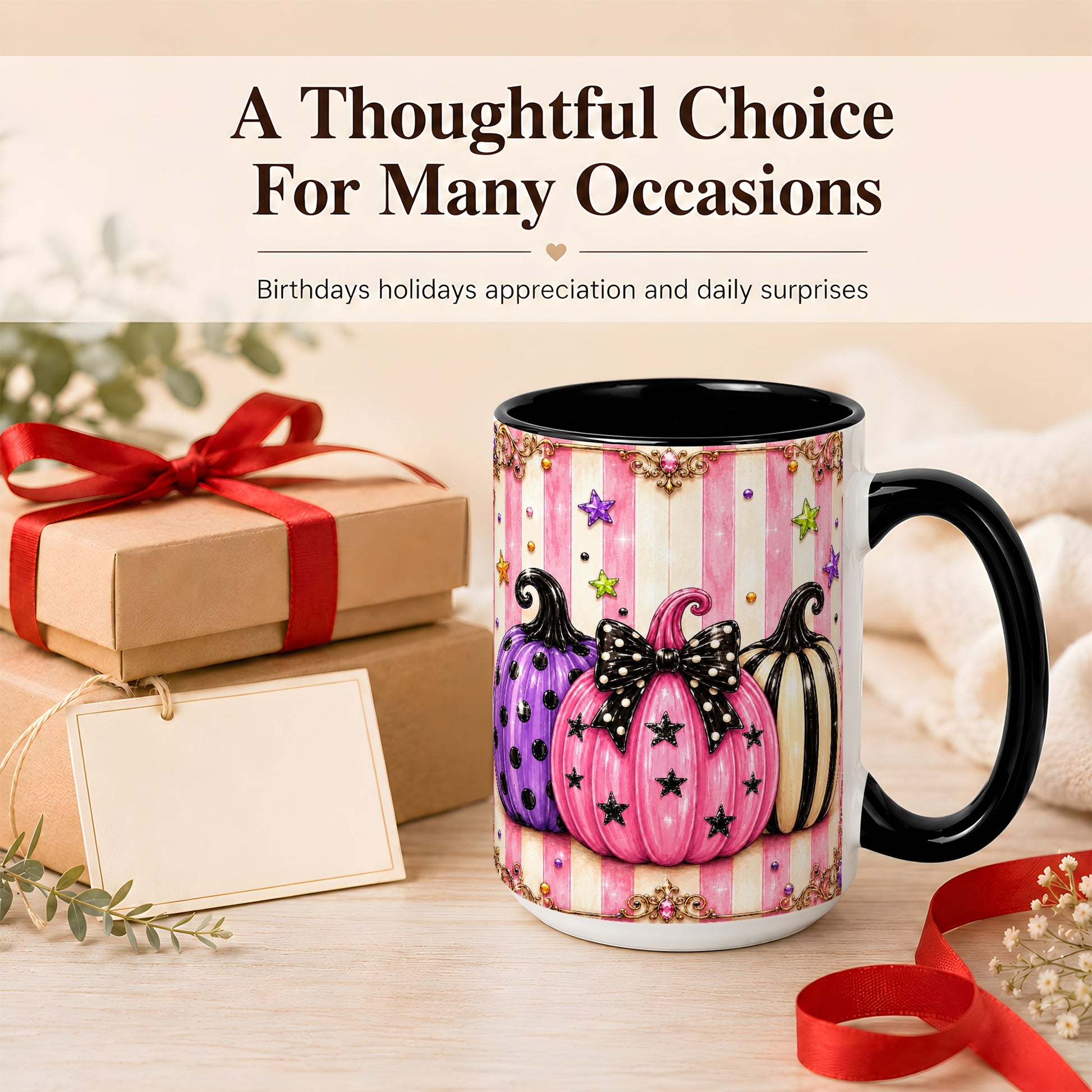 #pl[15oz|Black] Pink Pumpkin Coffee Mug, Halloween Pumpkin Mug, Ceramic Cup