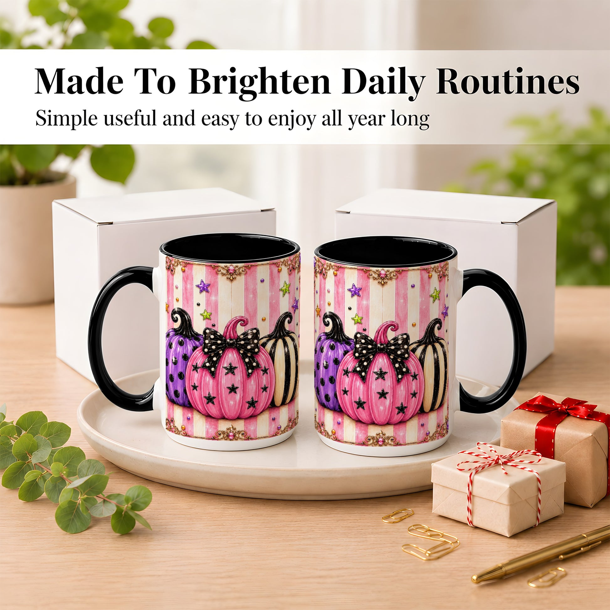 #pl[15oz|Black] Pink Pumpkin Coffee Mug, Halloween Pumpkin Mug, Ceramic Cup