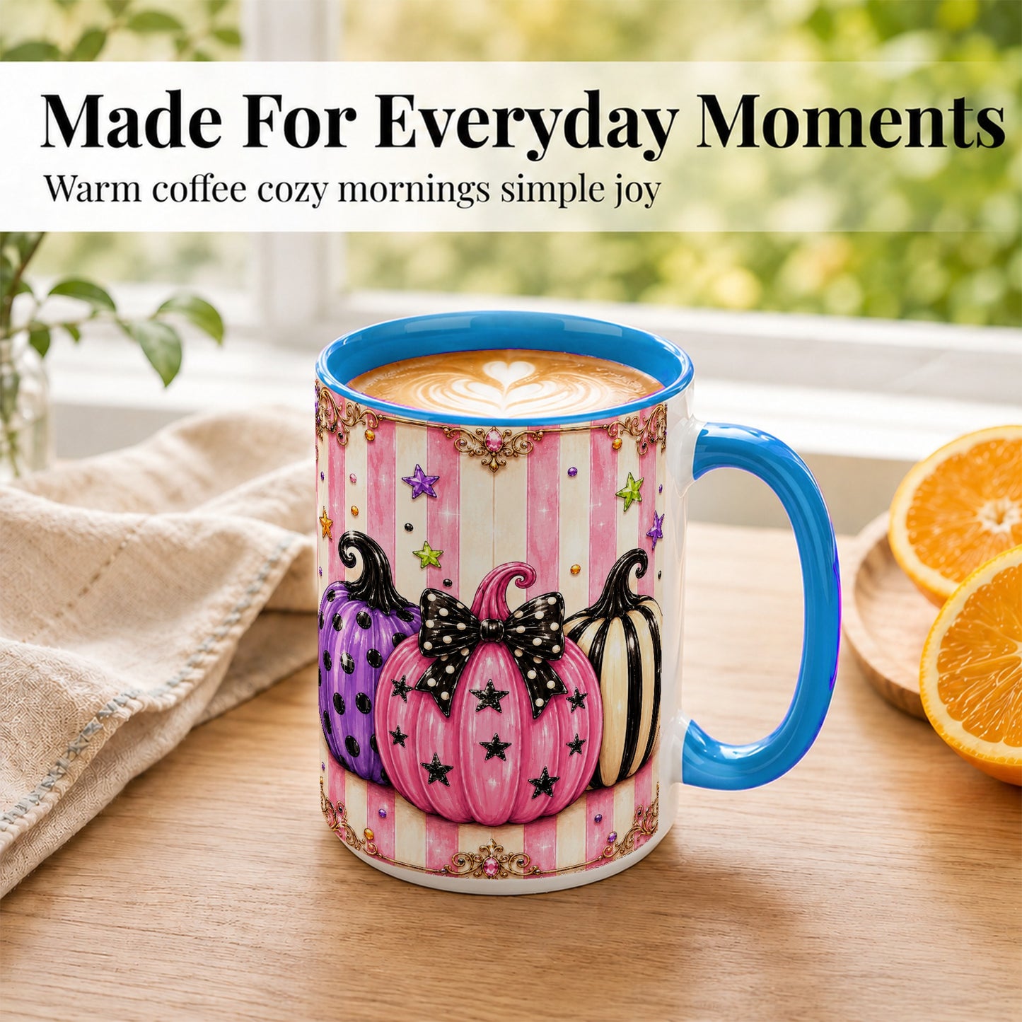 #pl[15oz|Blue] Pink Pumpkin Coffee Mug, Halloween Pumpkin Mug, Ceramic Cup