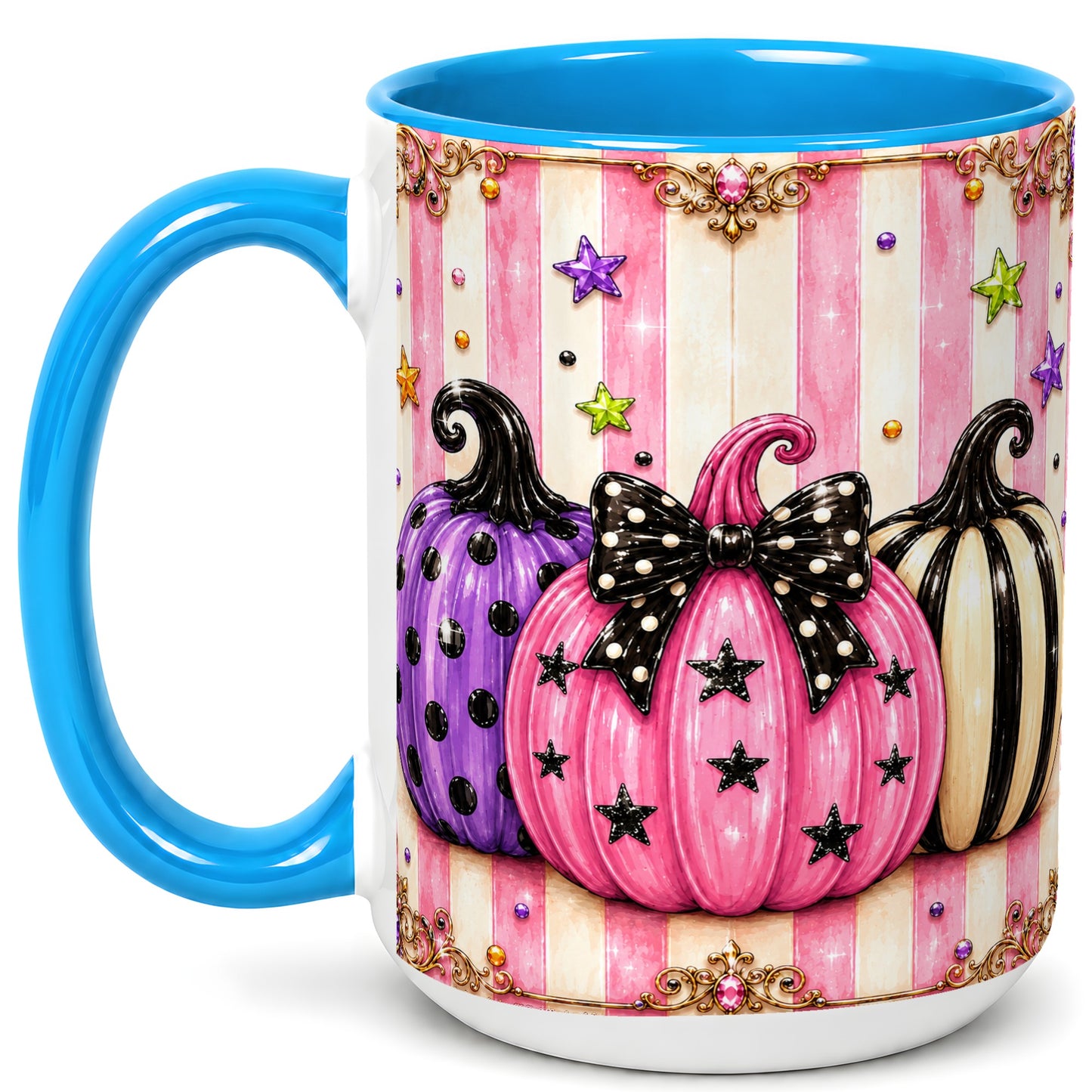 #pl[15oz|Blue] Pink Pumpkin Coffee Mug, Halloween Pumpkin Mug, Ceramic Cup