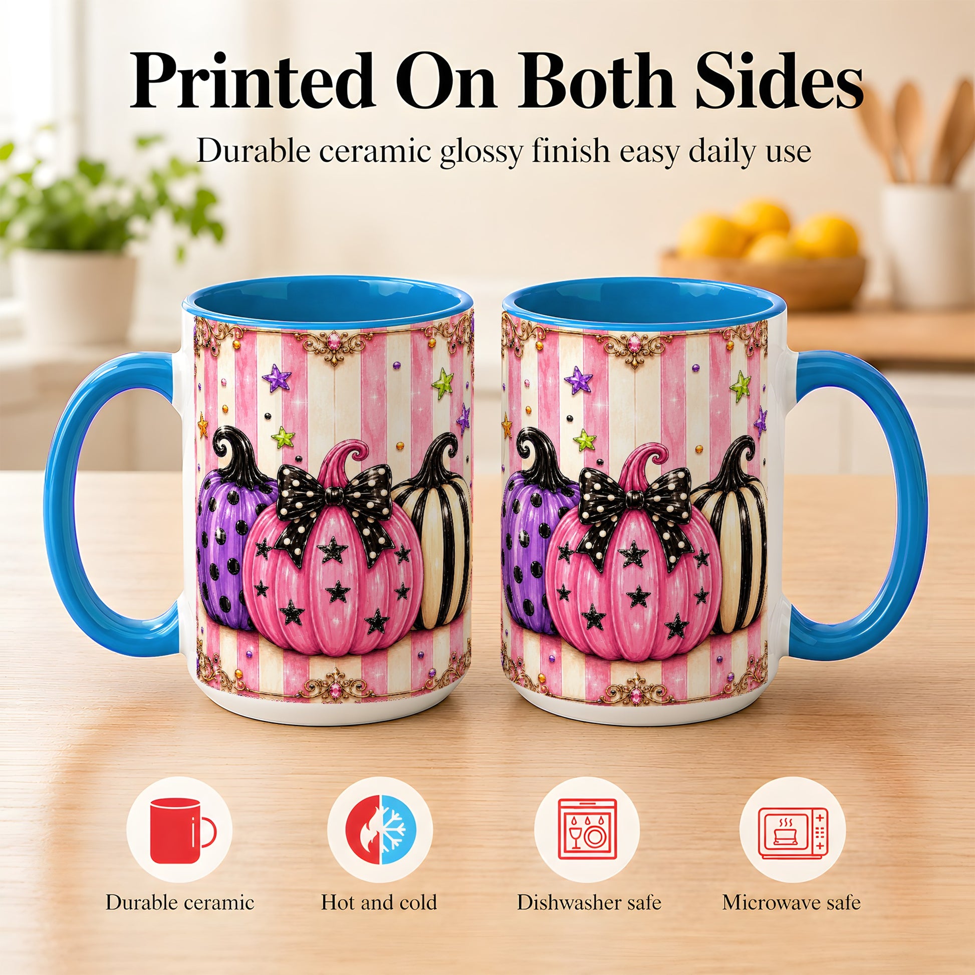 #pl[15oz|Blue] Pink Pumpkin Coffee Mug, Halloween Pumpkin Mug, Ceramic Cup