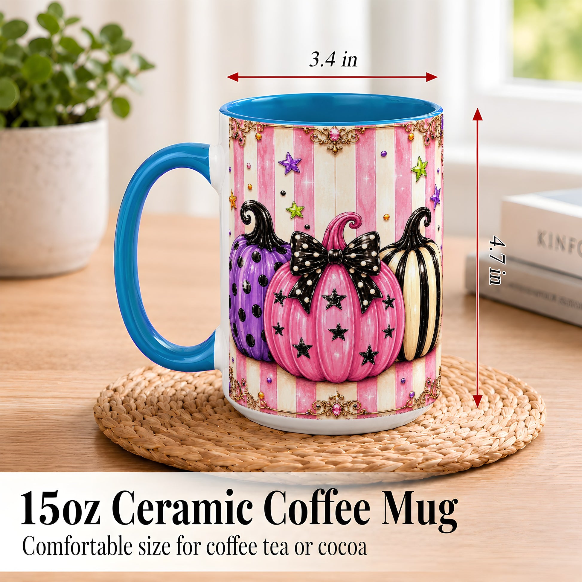 #pl[15oz|Blue] Pink Pumpkin Coffee Mug, Halloween Pumpkin Mug, Ceramic Cup